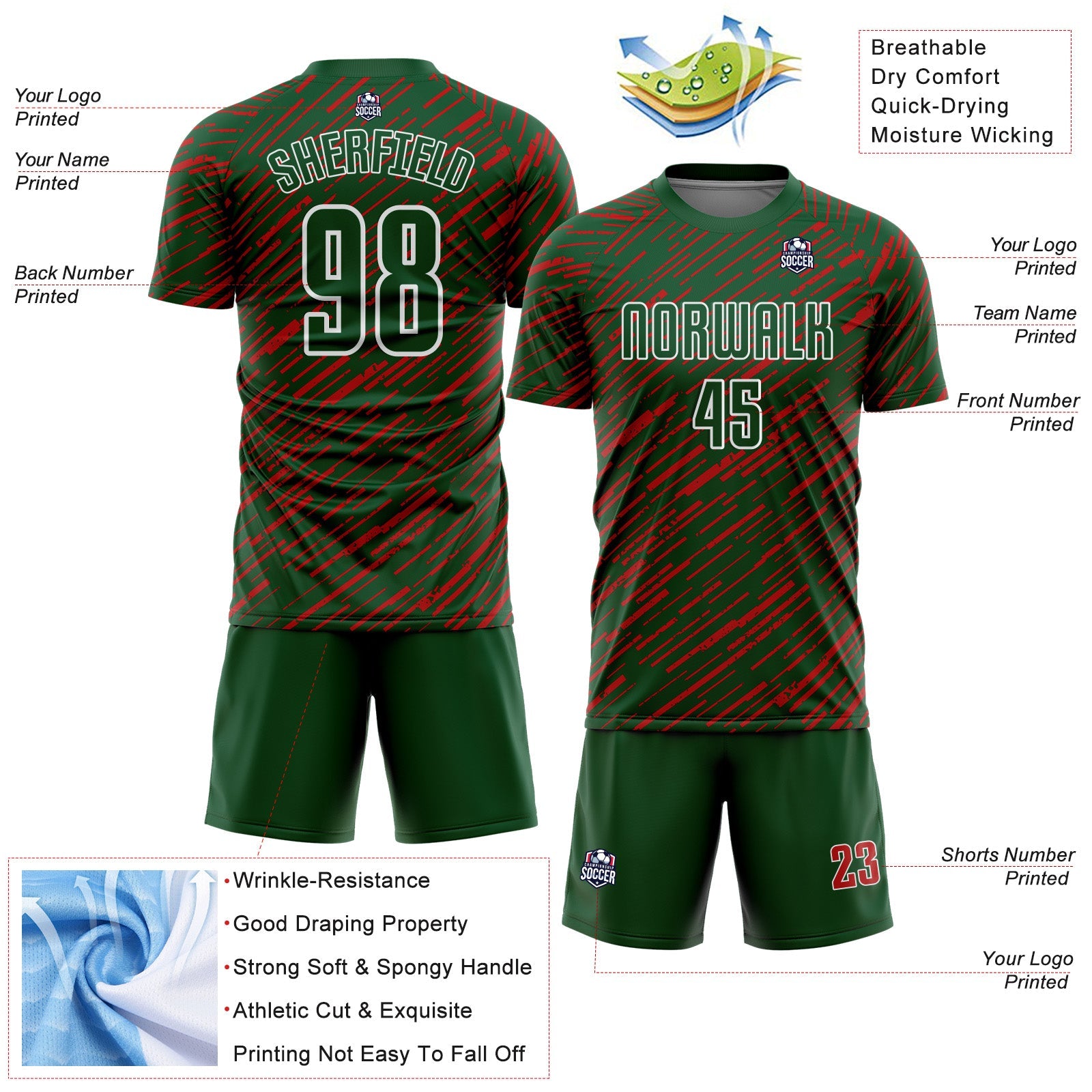 Custom Green Red-White Line Sports Sublimation Soccer Uniform Jersey