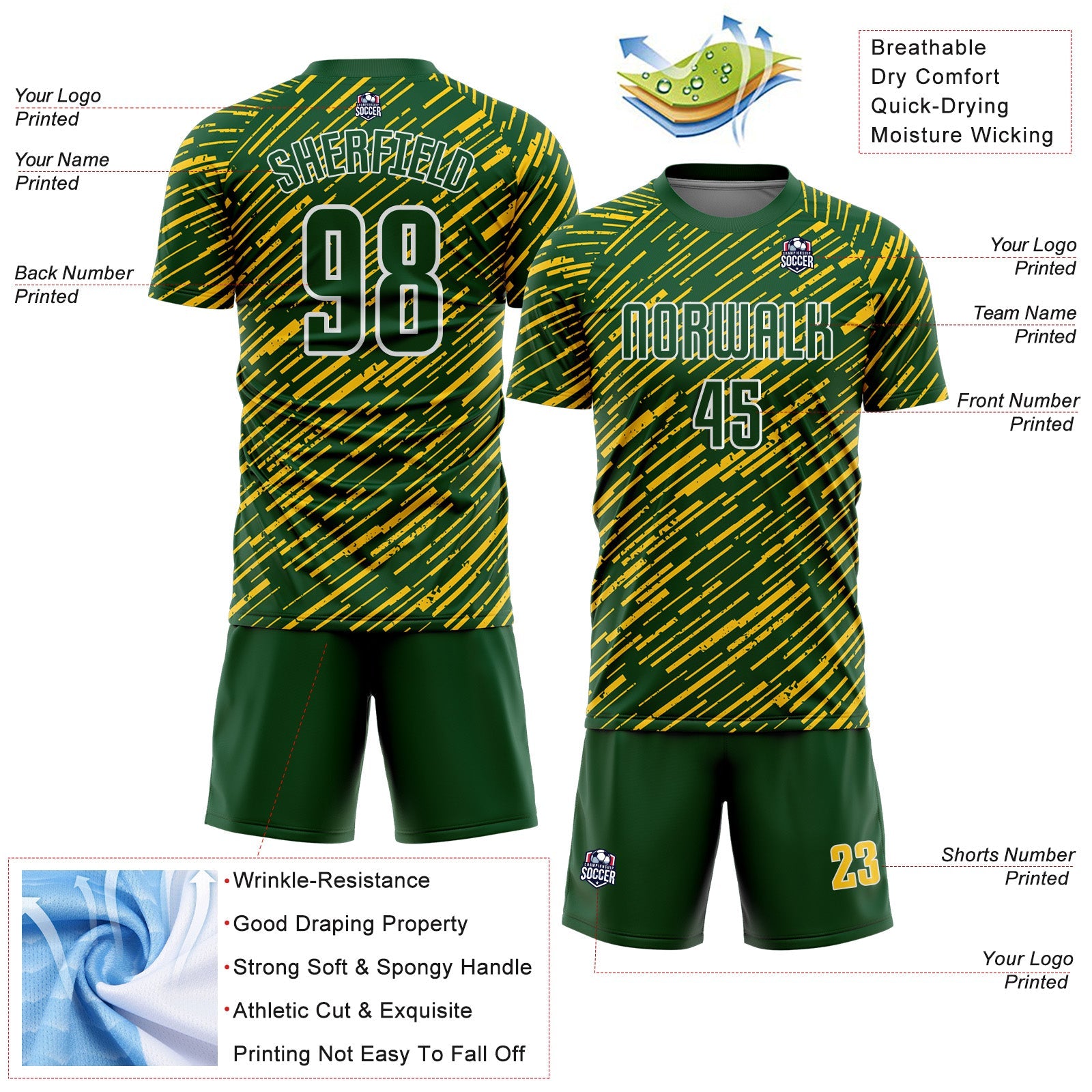 Custom Green Yellow-White Line Sports Sublimation Soccer Uniform Jersey