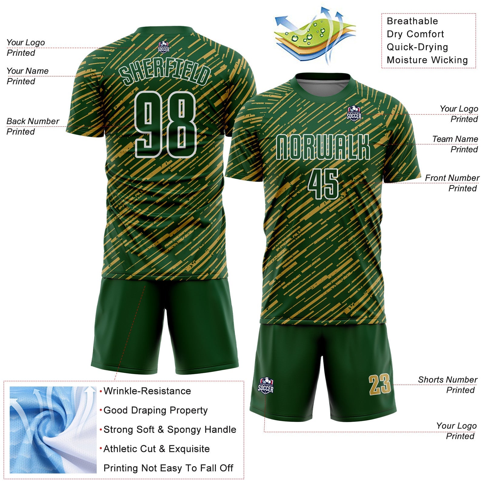 Custom Green Old Gold-White Line Sports Sublimation Soccer Uniform Jersey