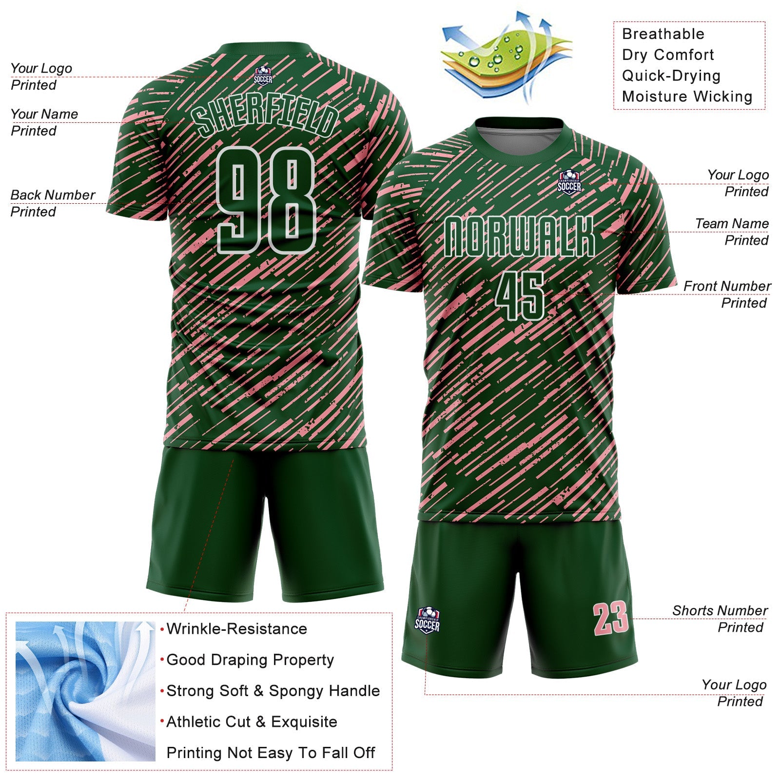 Custom Green Medium Pink-White Line Sports Sublimation Soccer Uniform Jersey
