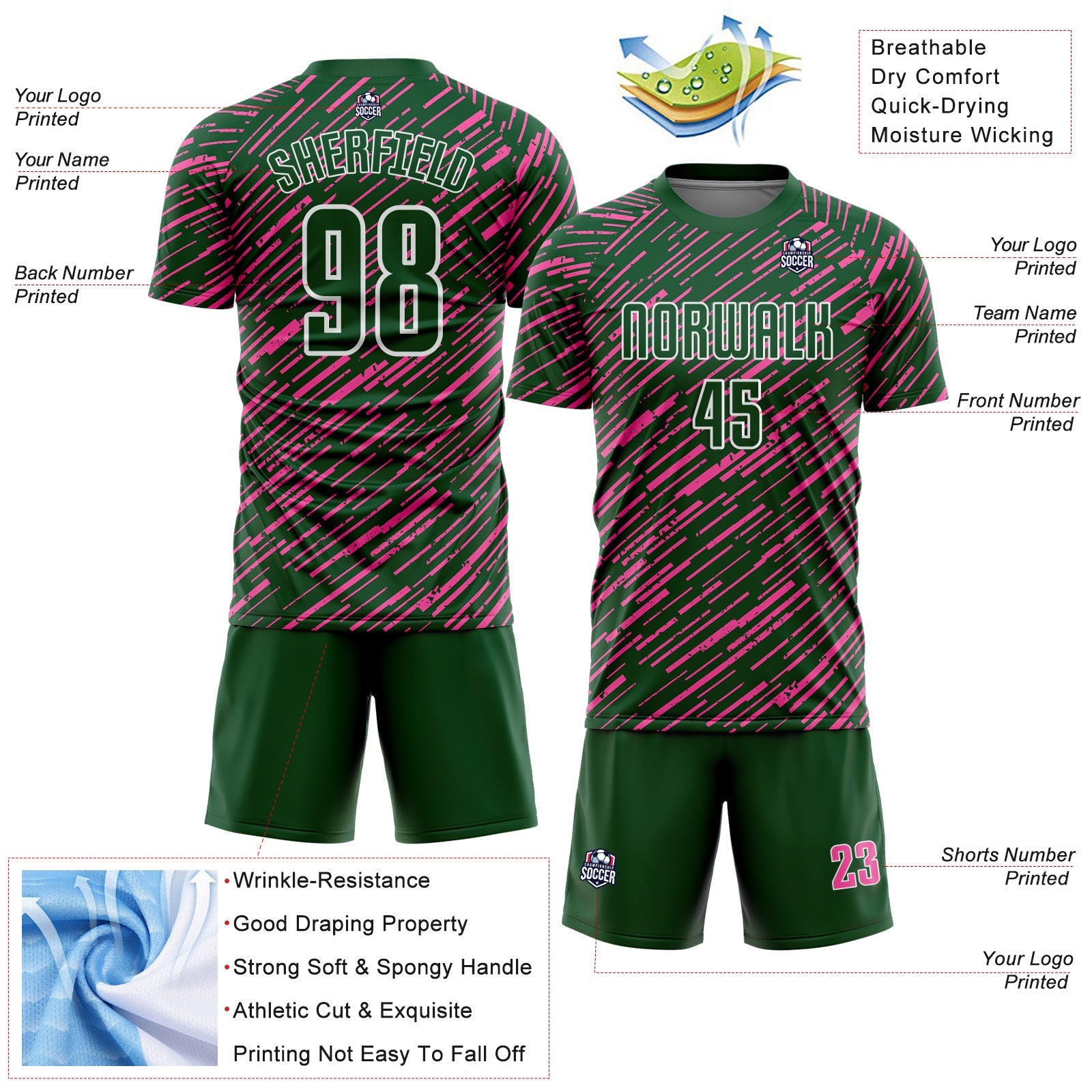 Custom Green Pink-White Line Sports Sublimation Soccer Uniform Jersey