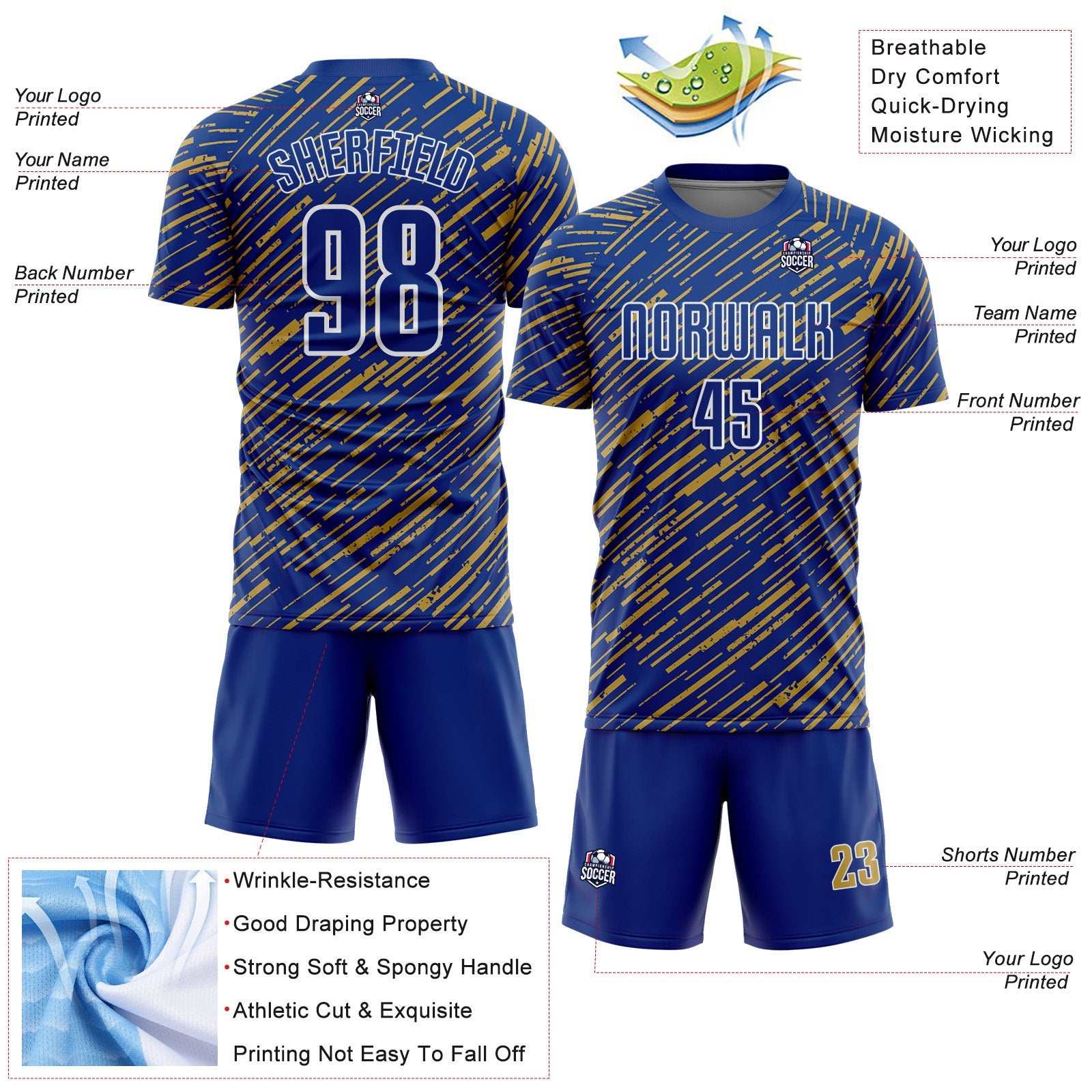 Custom Royal Old Gold-White Line Sports Sublimation Soccer Uniform Jersey