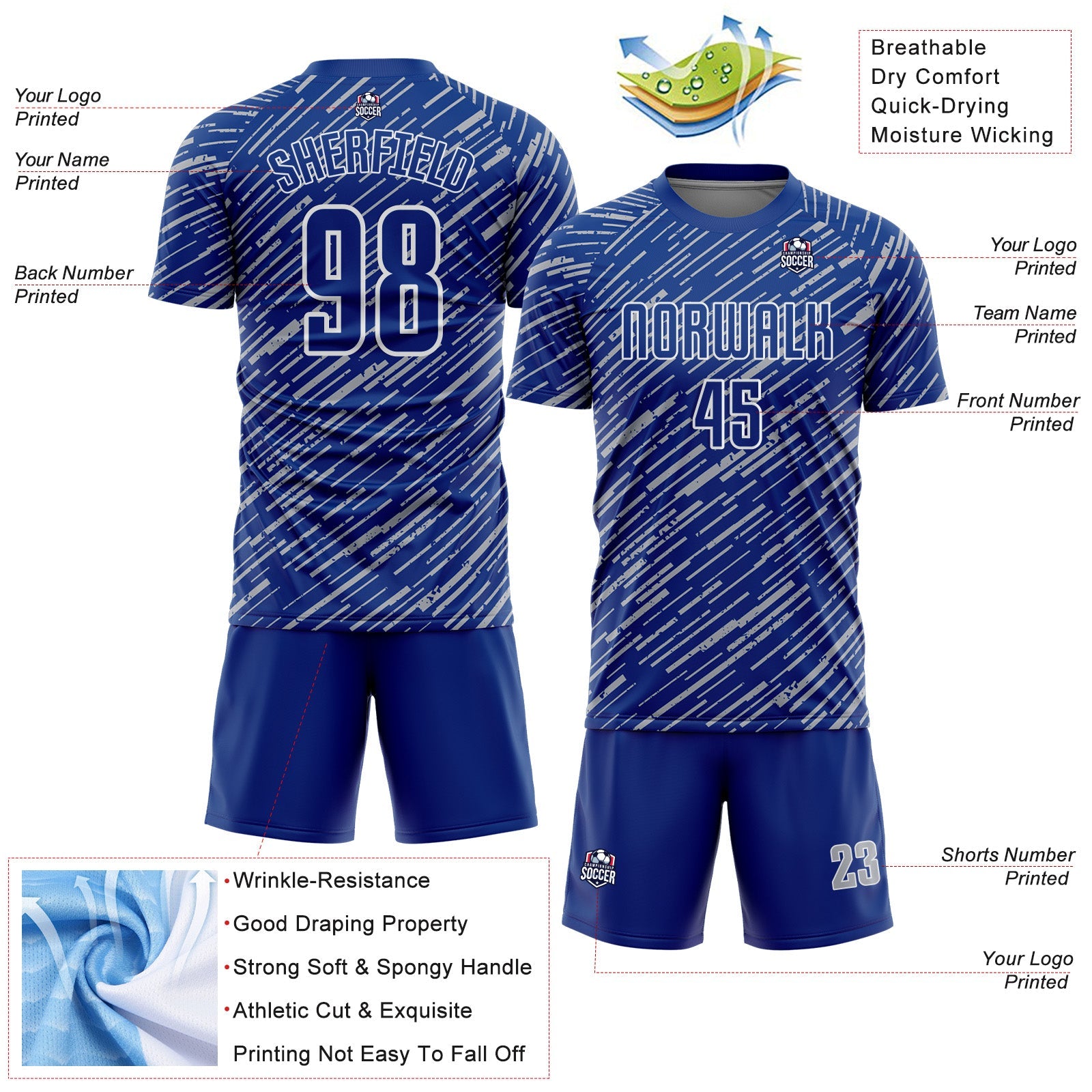 Custom Royal Gray-White Line Sports Sublimation Soccer Uniform Jersey