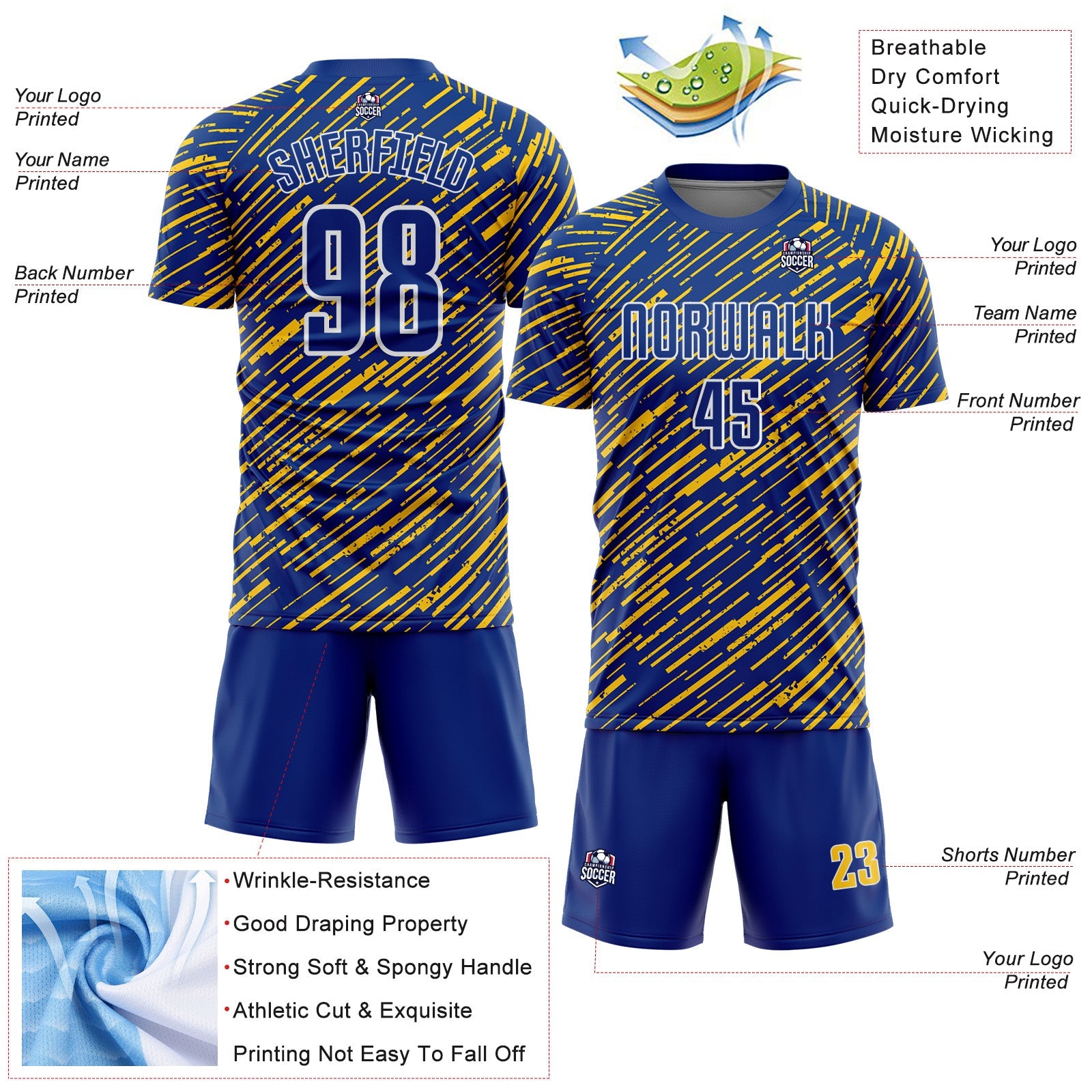 Custom Royal Yellow-White Line Sports Sublimation Soccer Uniform Jersey