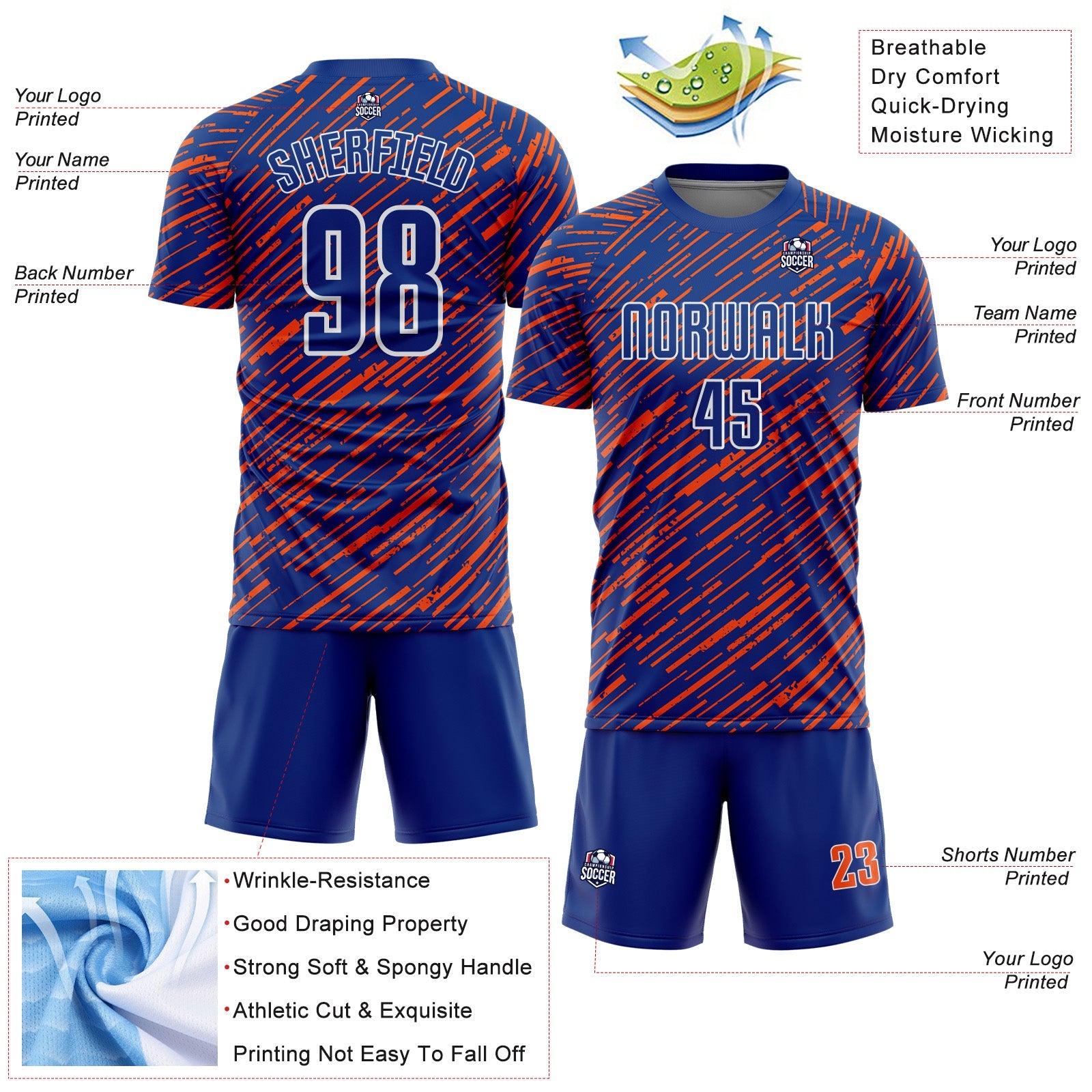 Custom Royal Orange-White Line Sports Sublimation Soccer Uniform Jersey