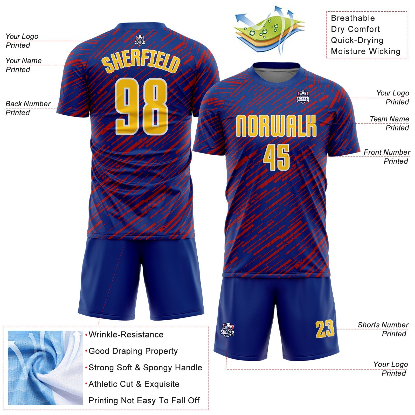 Custom Royal Yellow Red-White Line Sports Sublimation Soccer Uniform Jersey