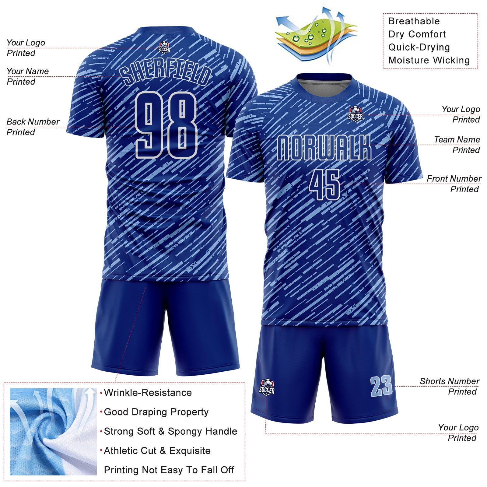 Custom Royal Light Blue-White Line Sports Sublimation Soccer Uniform Jersey