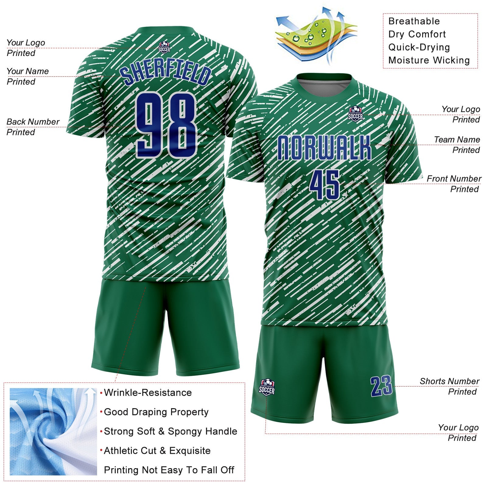 Custom Kelly Green Royal-White Line Sports Sublimation Soccer Uniform Jersey