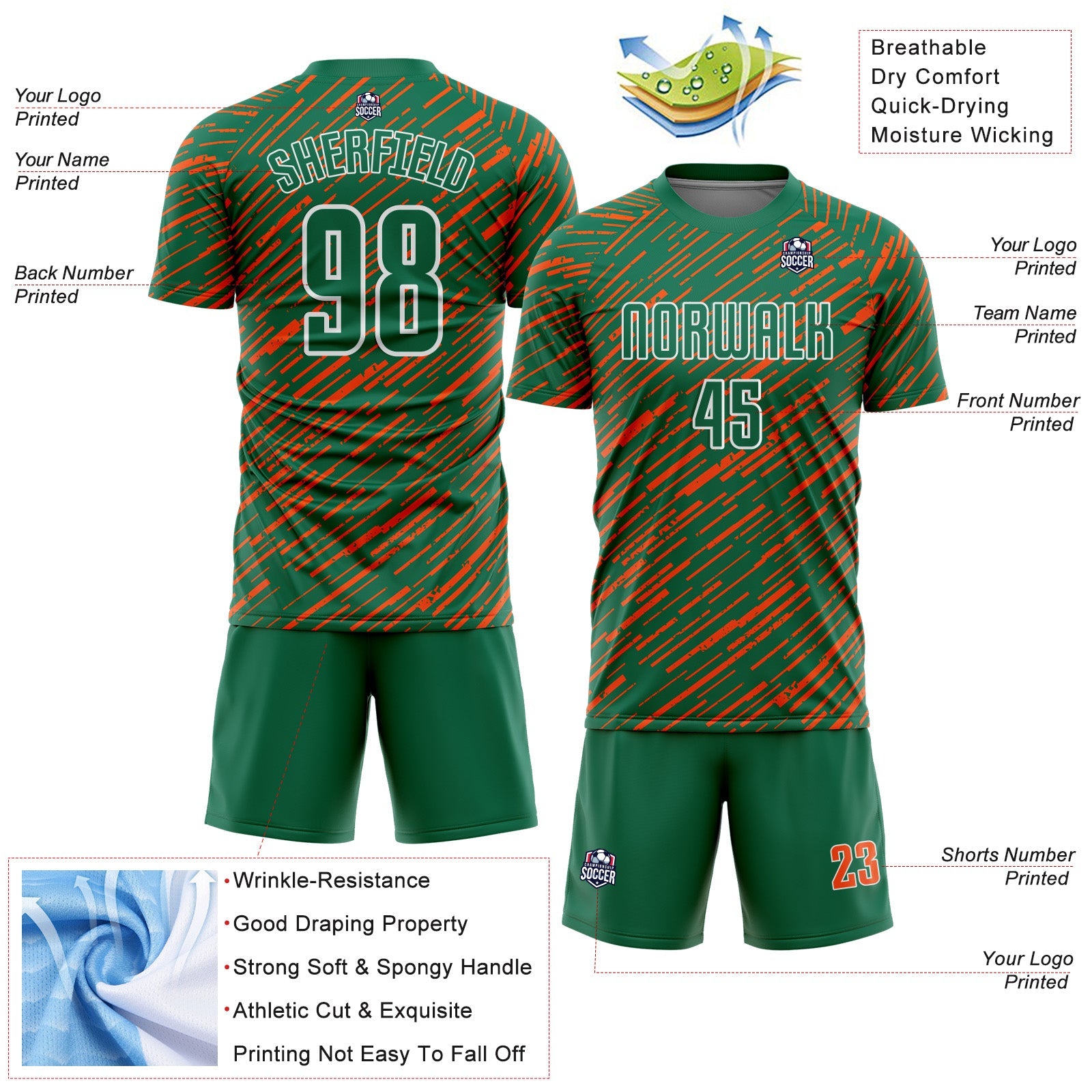 Custom Kelly Green Orange-White Line Sports Sublimation Soccer Uniform Jersey