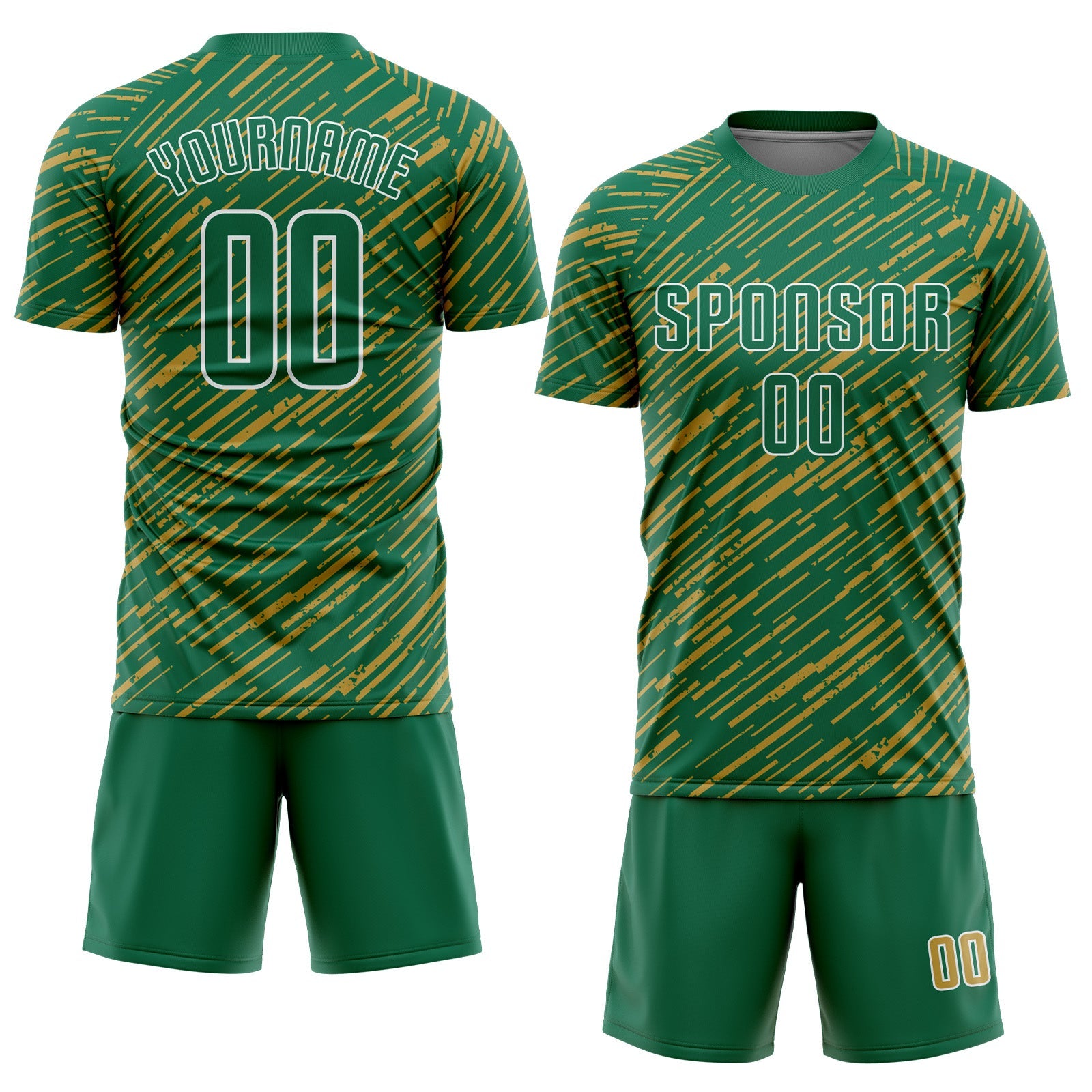 Custom Kelly Green Old Gold-White Line Sports Sublimation Soccer Uniform Jersey