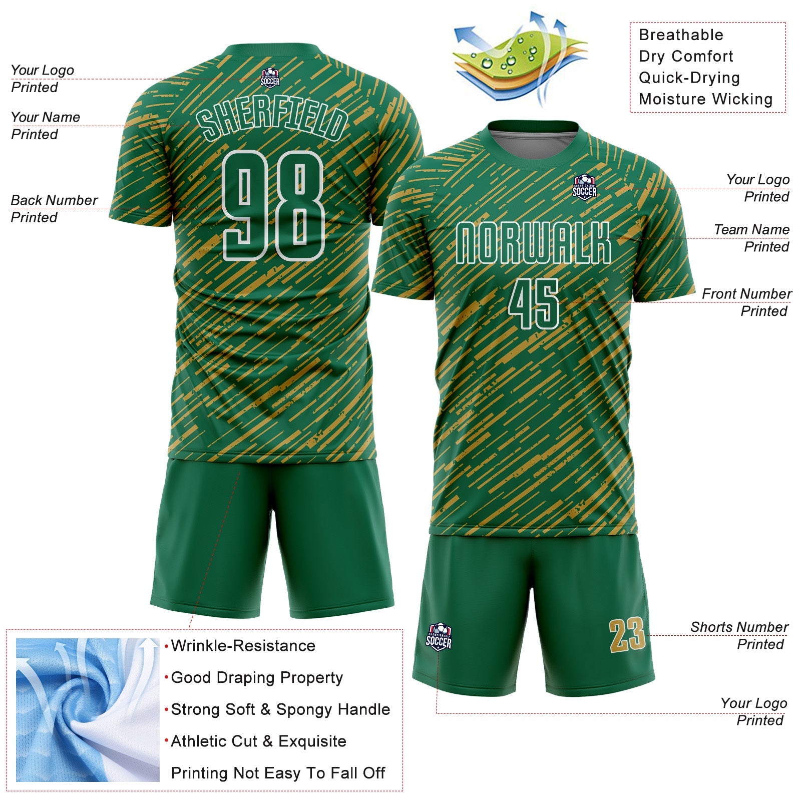 Custom Kelly Green Old Gold-White Line Sports Sublimation Soccer Uniform Jersey