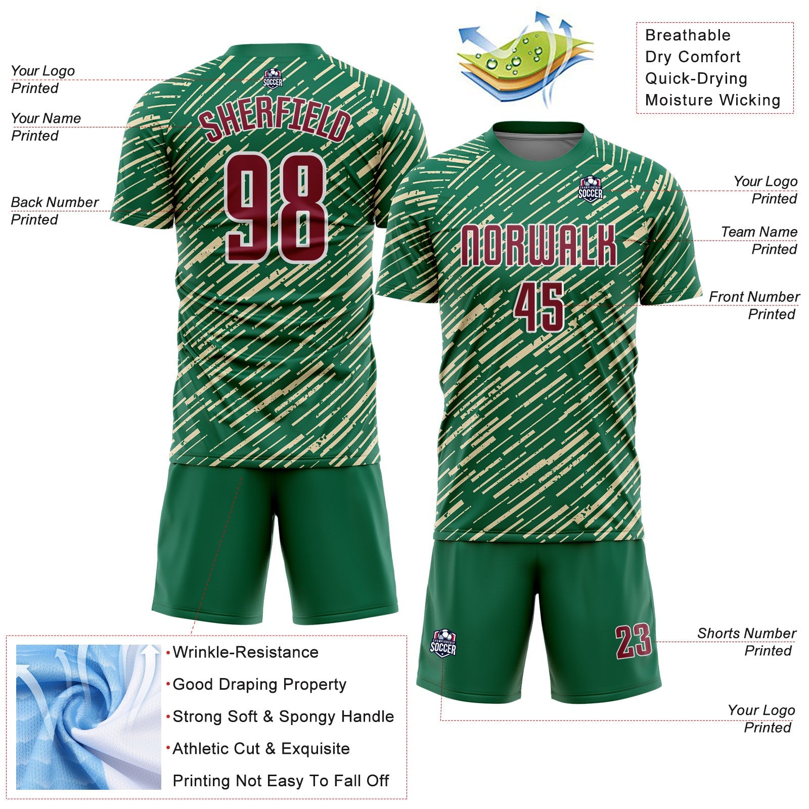 Custom Kelly Green Crimson Cream-White Line Sports Sublimation Soccer Uniform Jersey