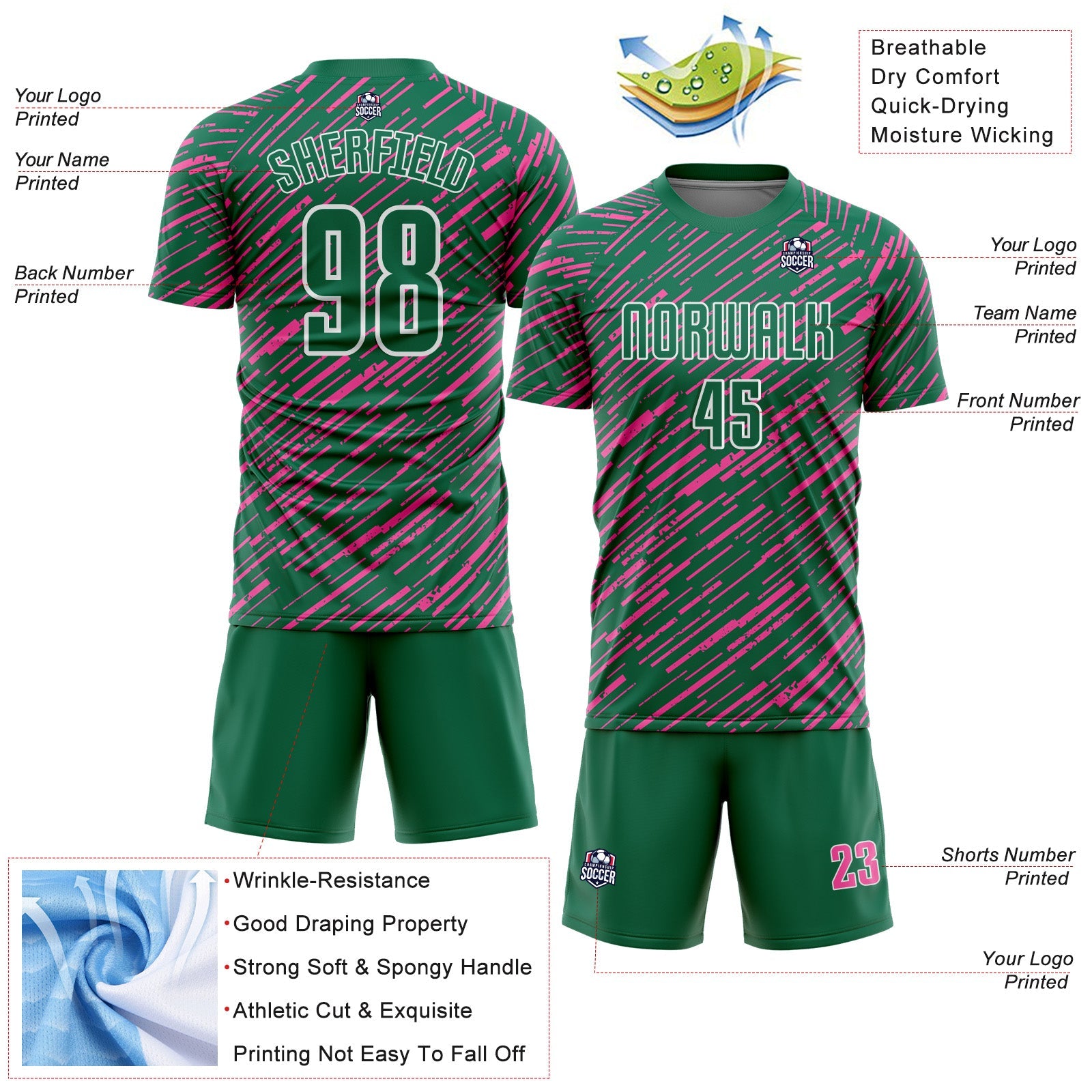 Custom Kelly Green Pink-White Line Sports Sublimation Soccer Uniform Jersey