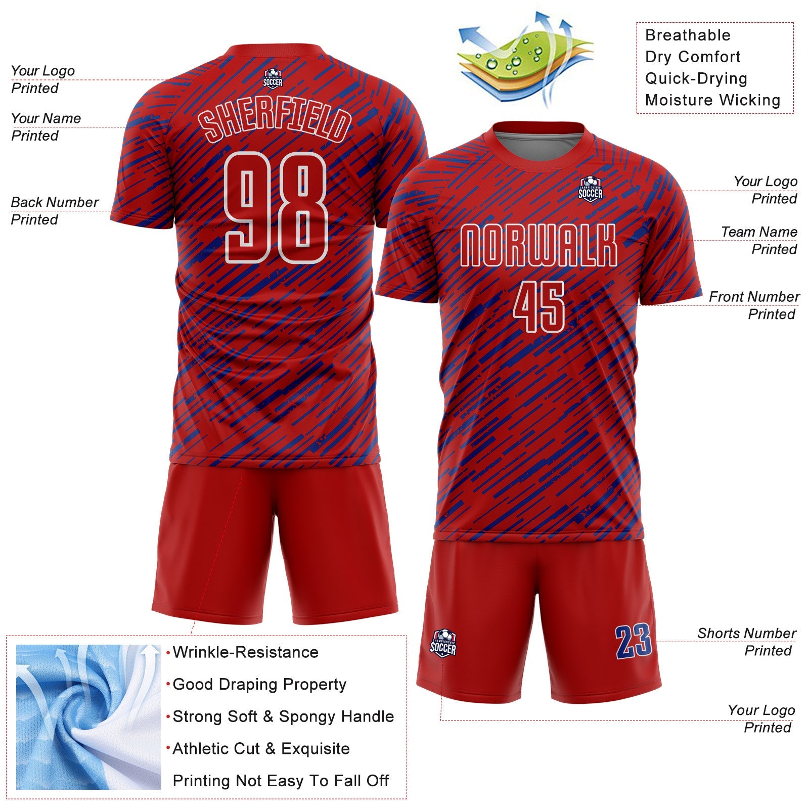 Custom Red Royal-White Line Sports Sublimation Soccer Uniform Jersey