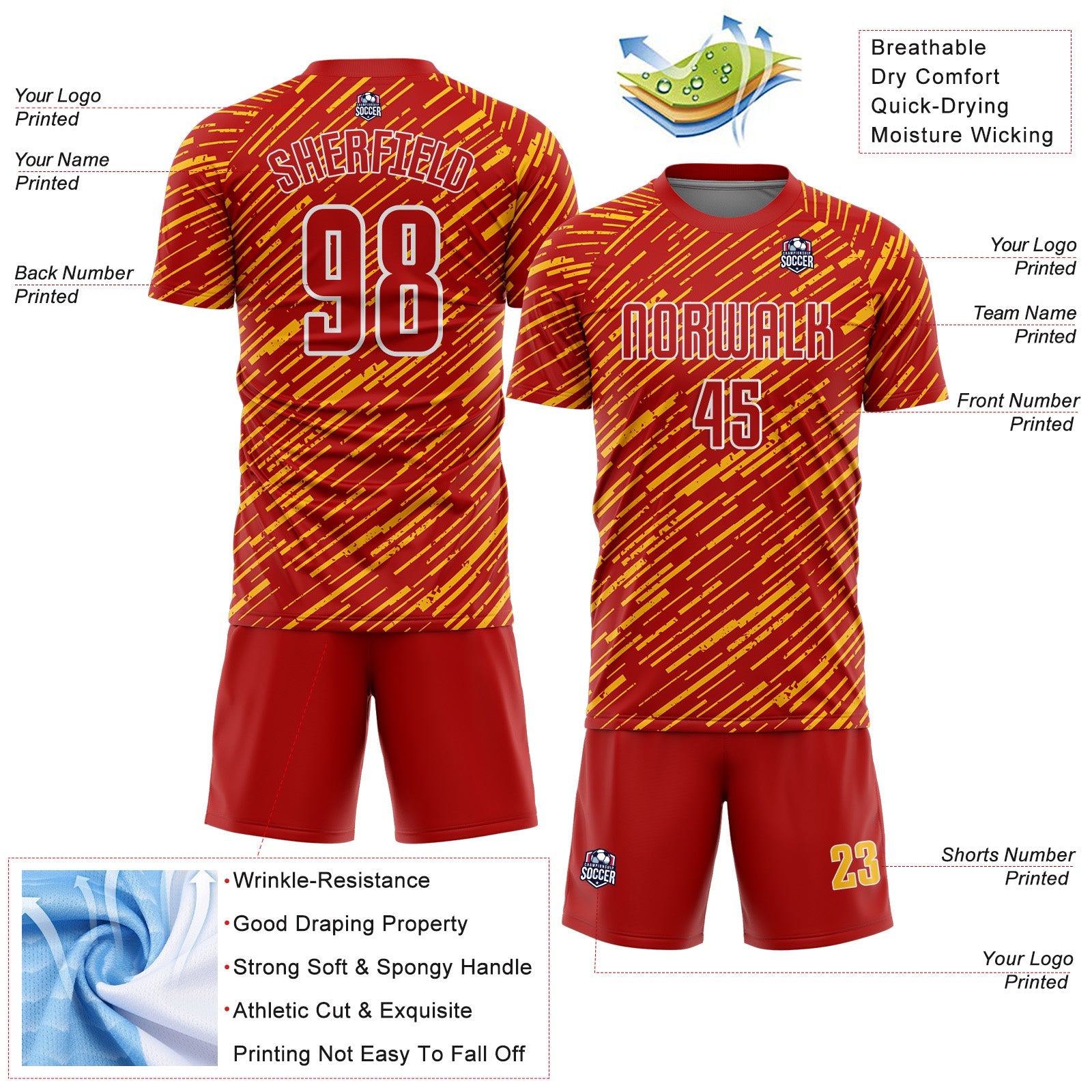 Custom Red Gold-White Line Sports Sublimation Soccer Uniform Jersey