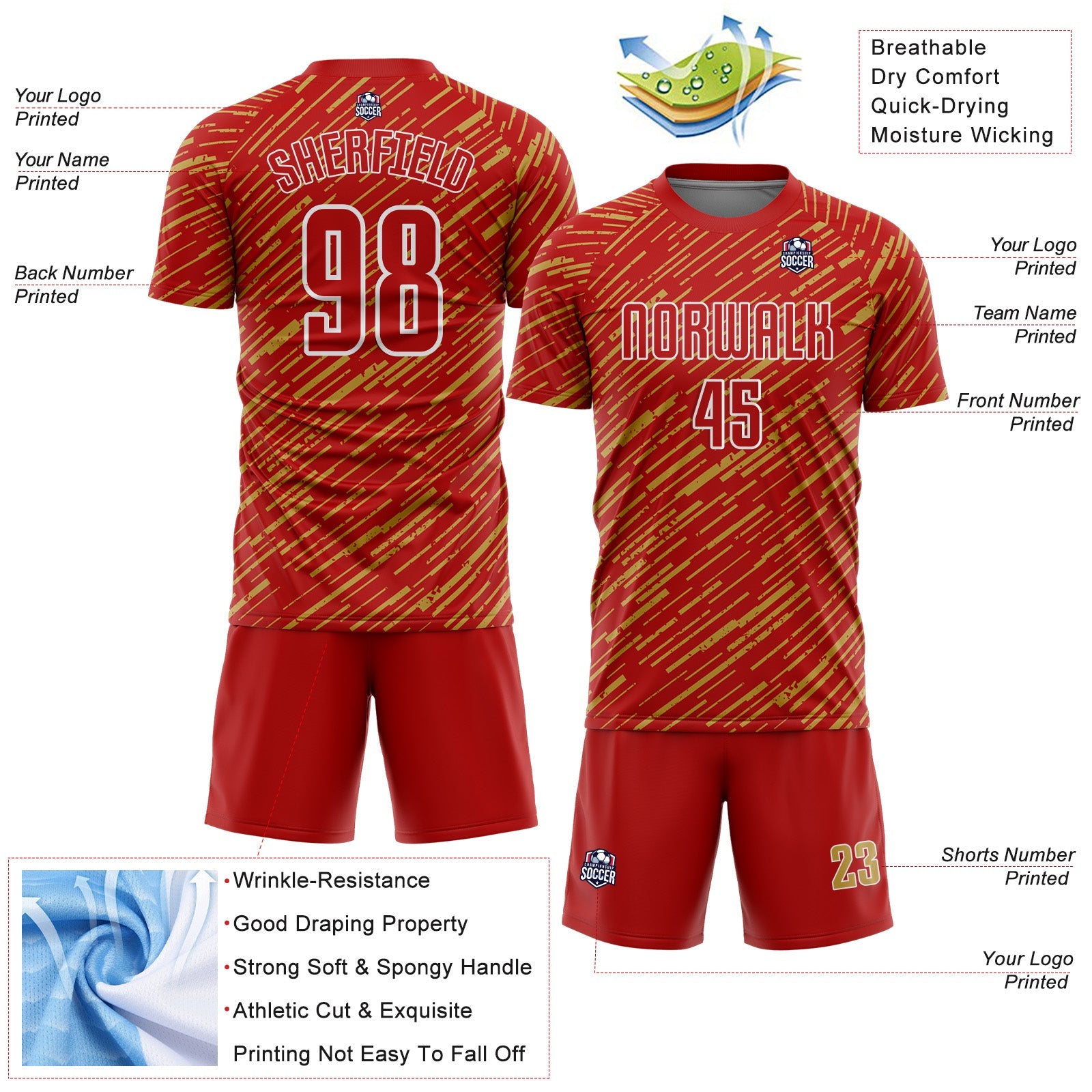 Custom Red Old Gold-White Line Sports Sublimation Soccer Uniform Jersey