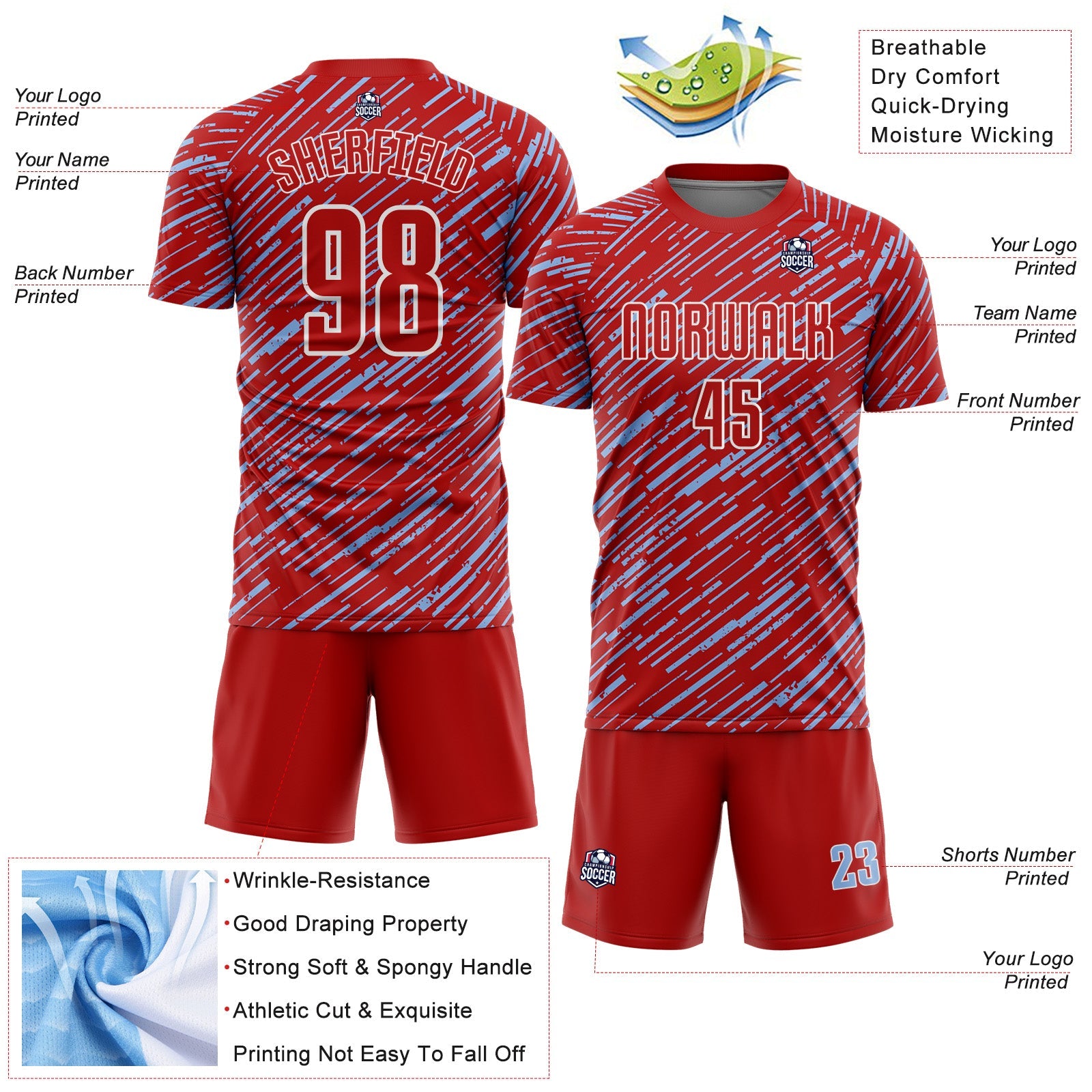 Custom Red Light Blue-White Line Sports Sublimation Soccer Uniform Jersey