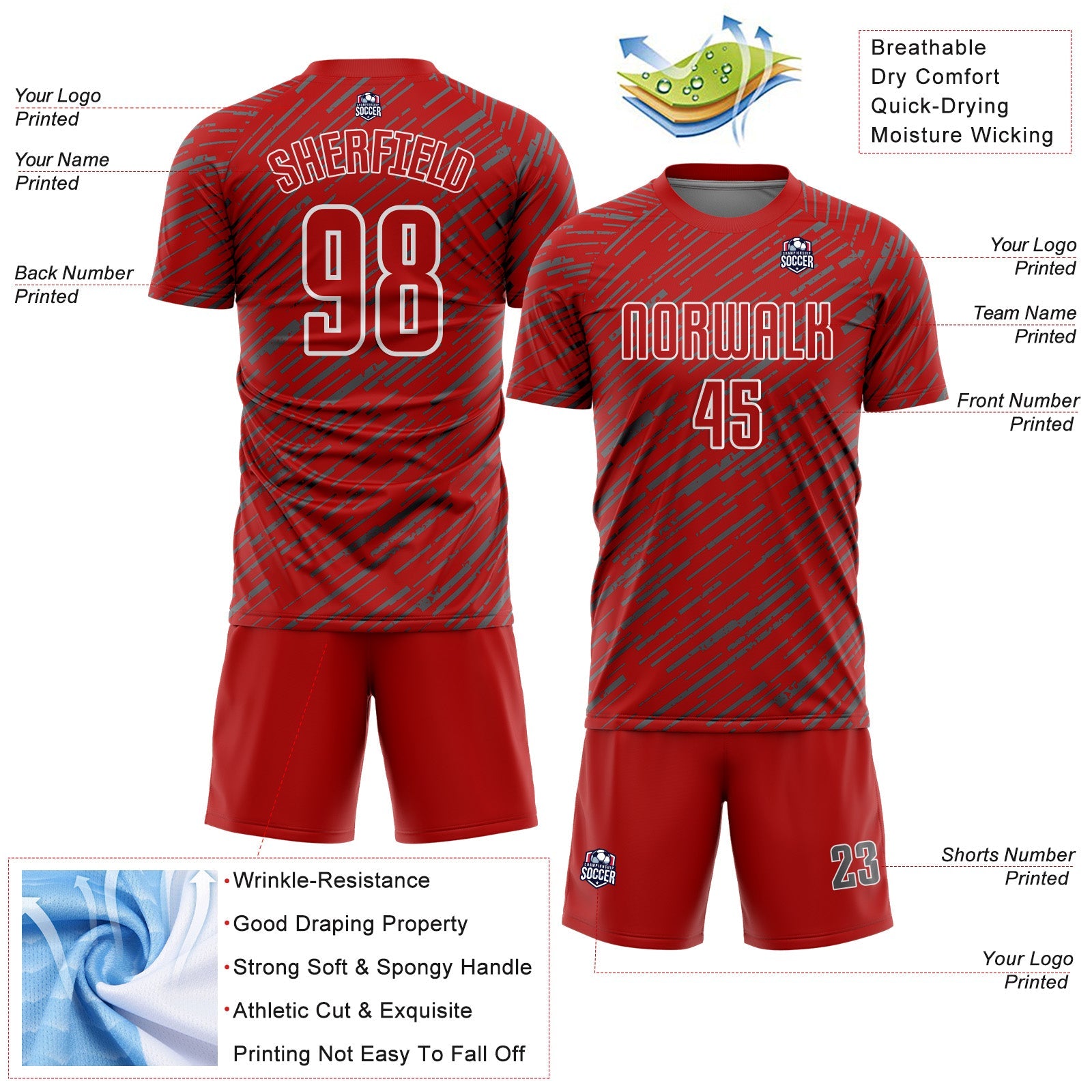Custom Red Steel Gray-White Line Sports Sublimation Soccer Uniform Jersey