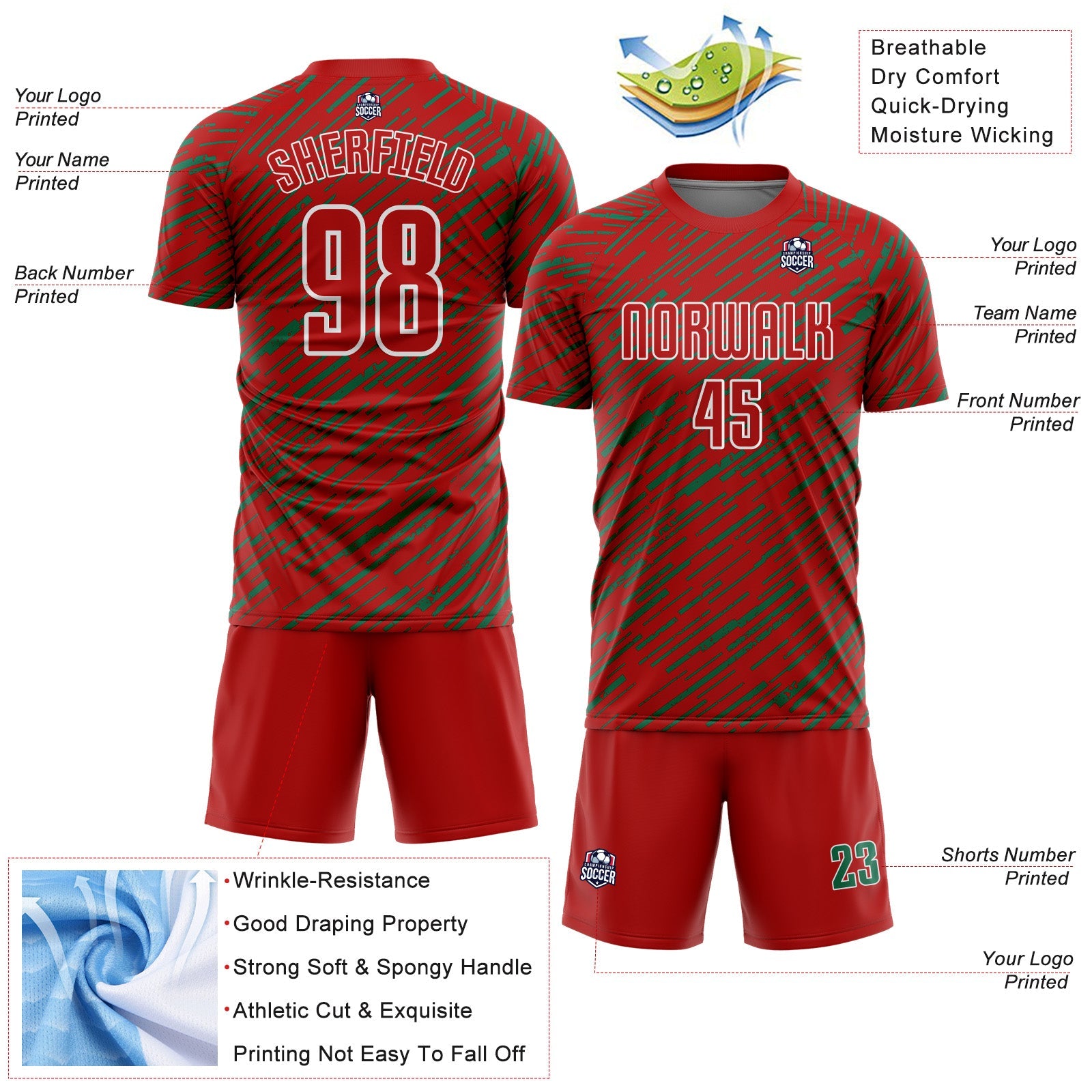 Custom Red Kelly Green-White Line Sports Sublimation Soccer Uniform Jersey