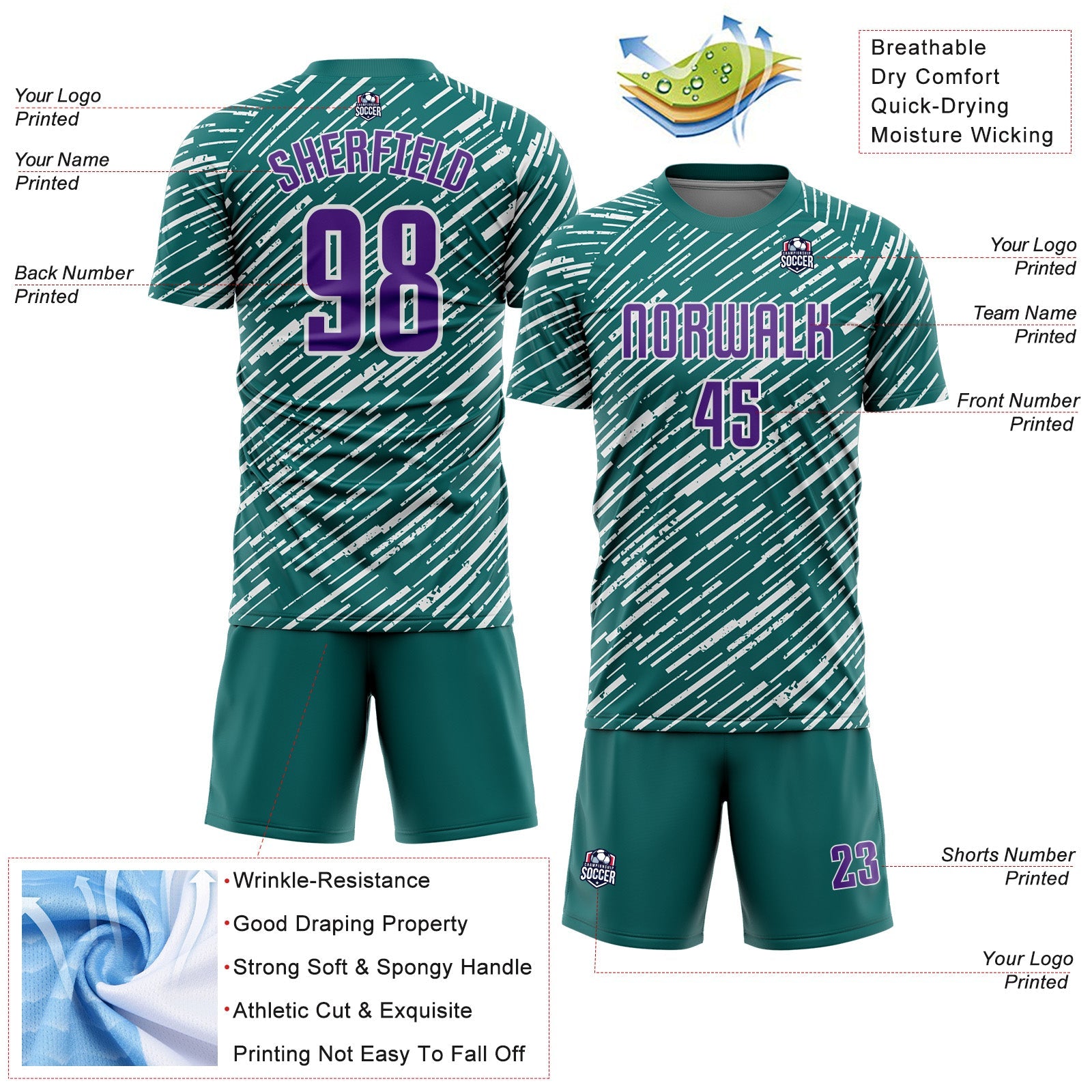 Custom Teal Purple-White Line Sports Sublimation Soccer Uniform Jersey