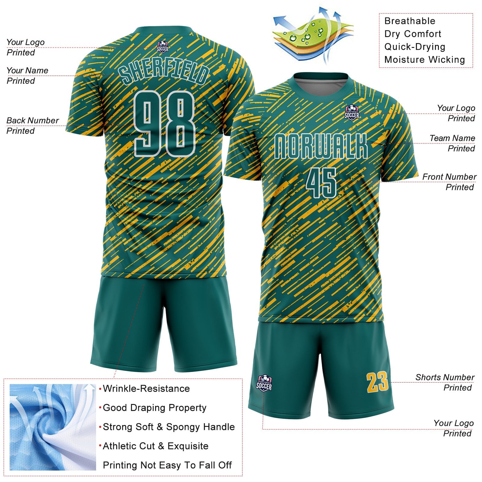 Custom Teal Gold-White Line Sports Sublimation Soccer Uniform Jersey