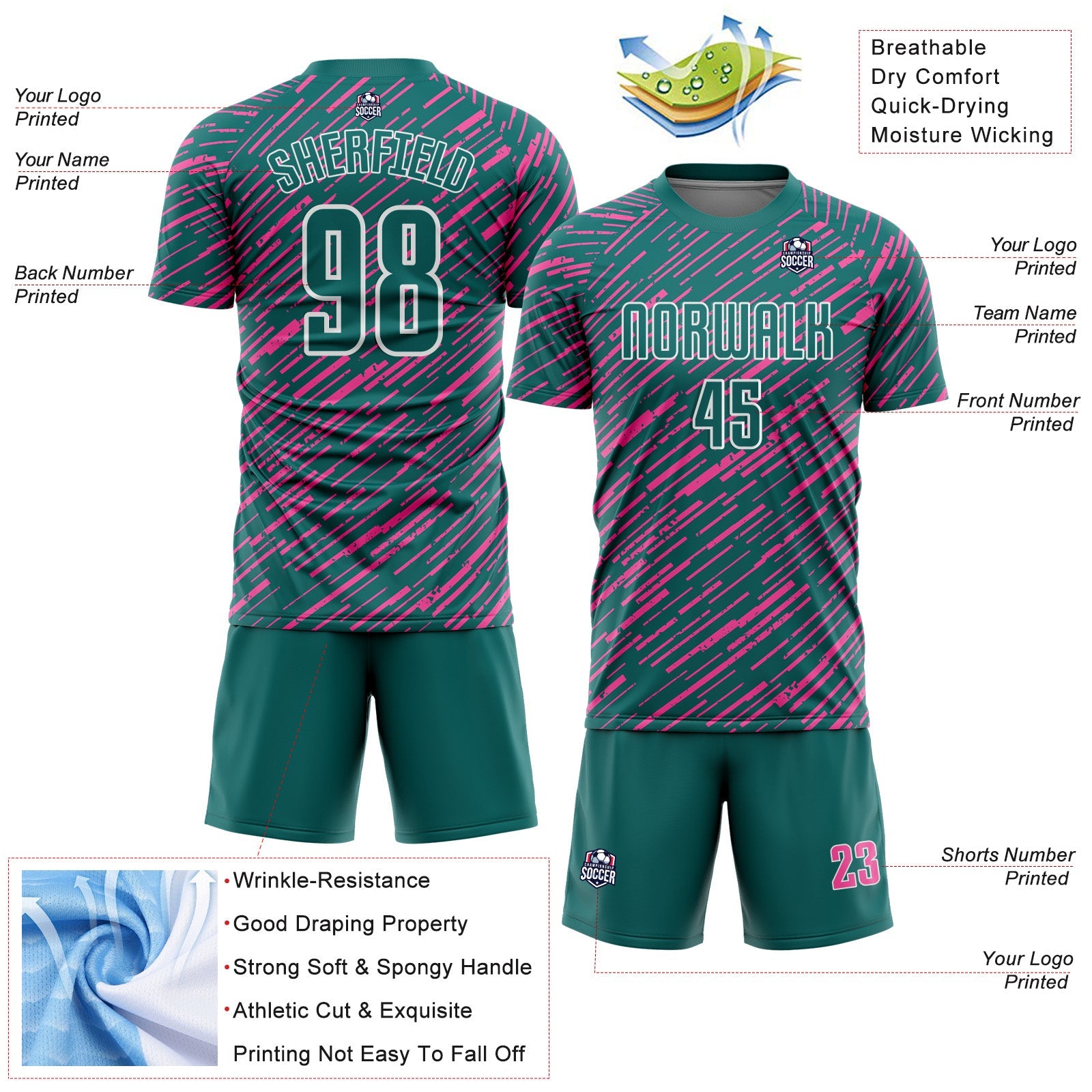 Custom Teal Pink-White Line Sports Sublimation Soccer Uniform Jersey