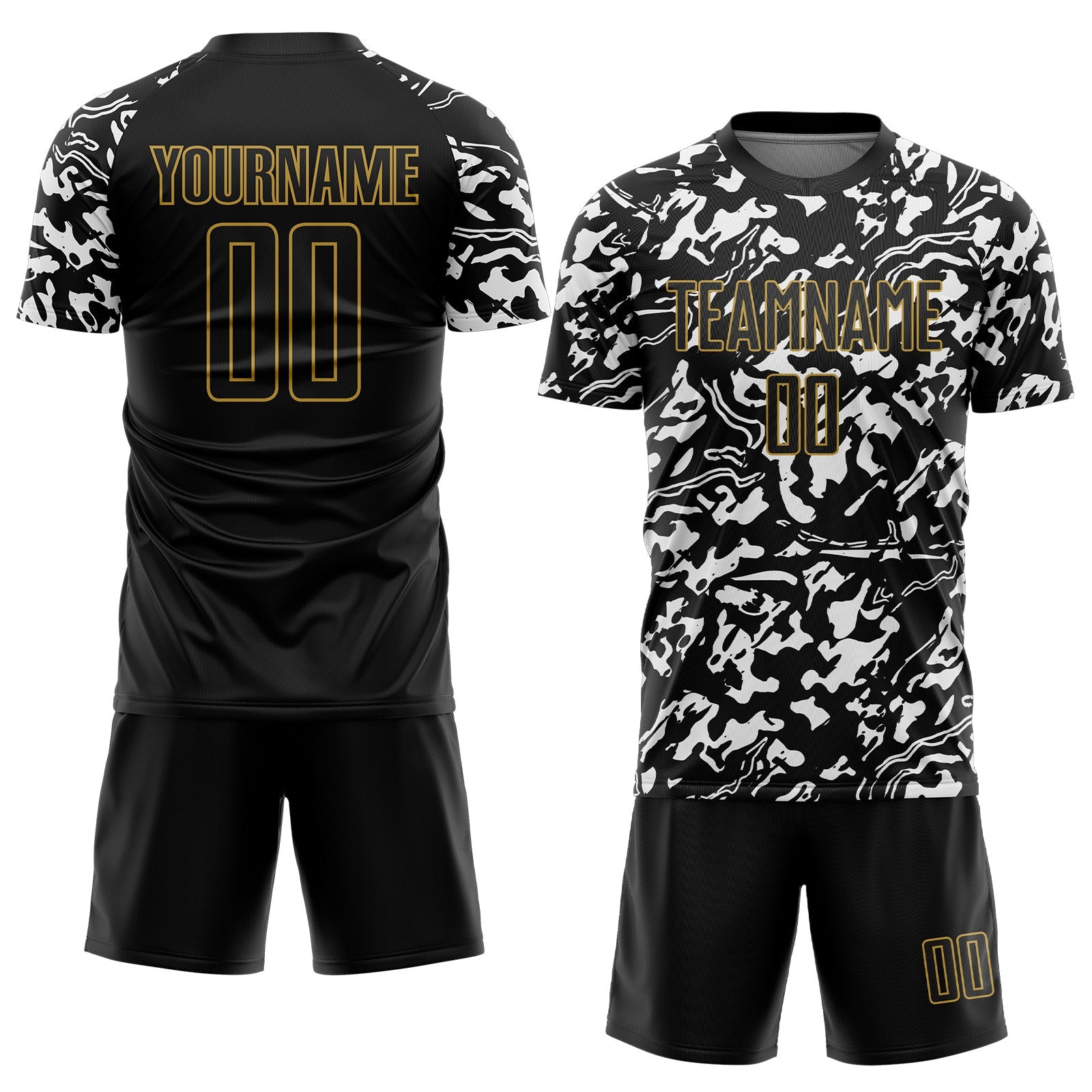 Custom Black Old Gold-White Liquid Fluid Pattern Sports Sublimation Soccer Uniform Jersey