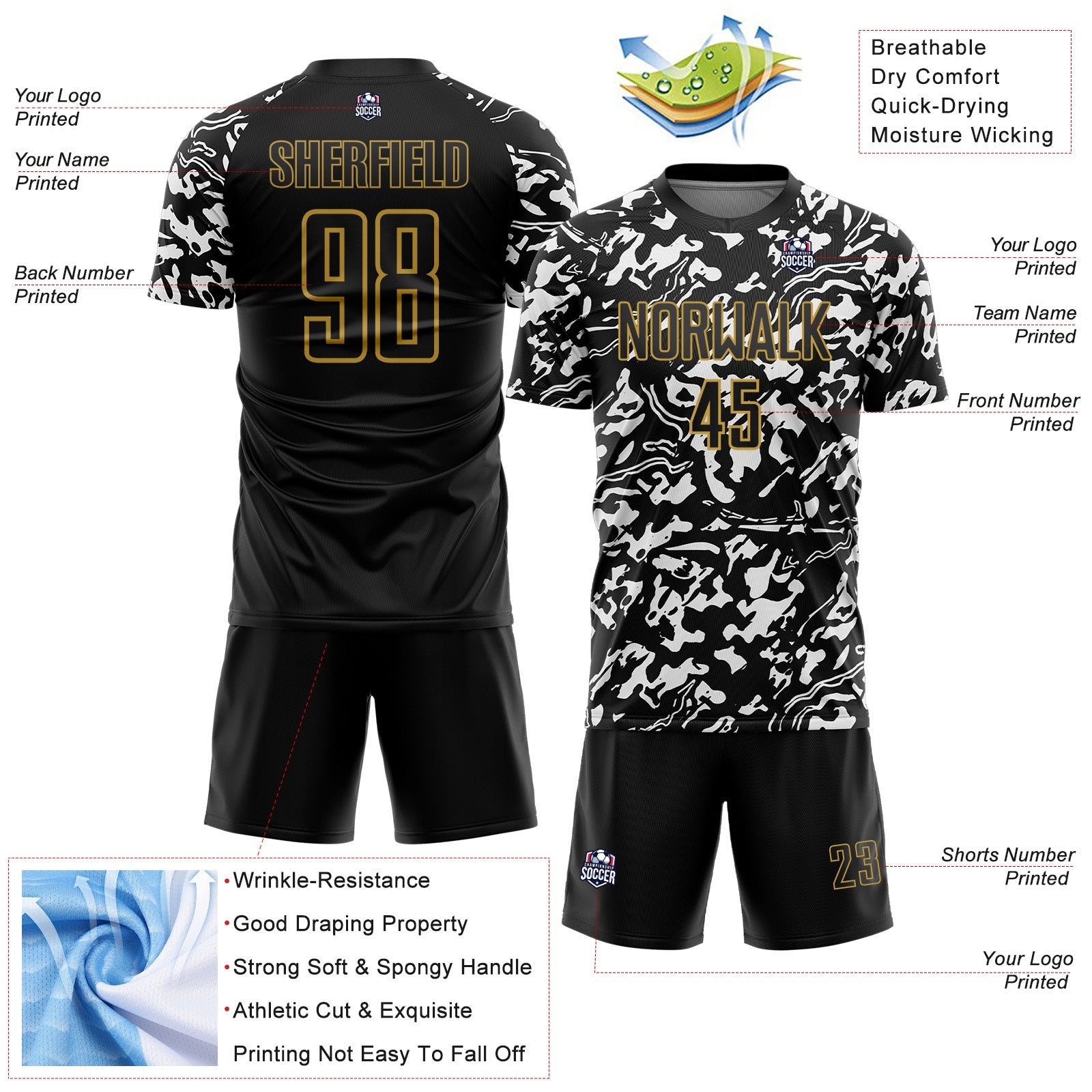 Custom Black Old Gold-White Liquid Fluid Pattern Sports Sublimation Soccer Uniform Jersey