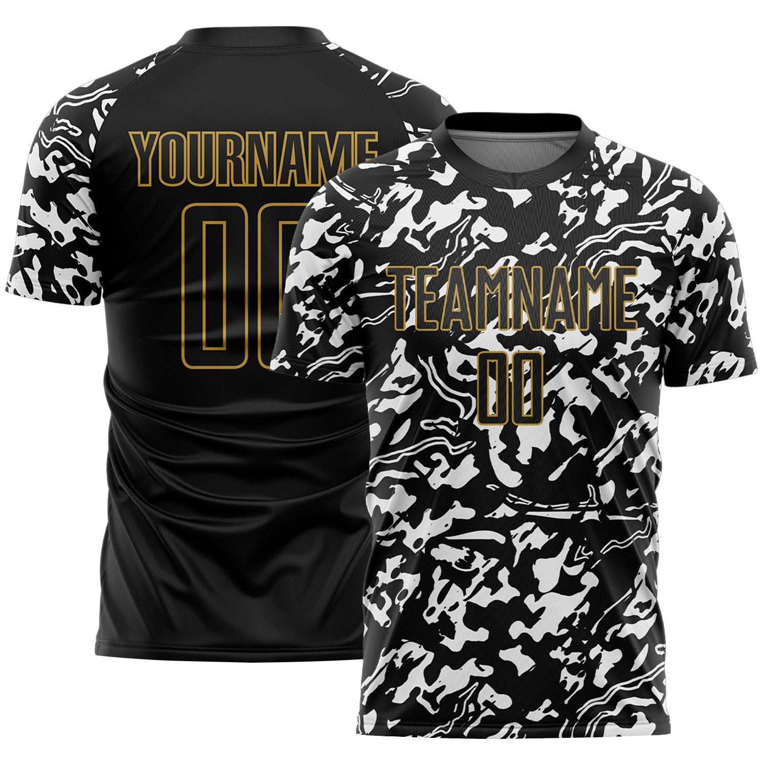 Custom Black Old Gold-White Liquid Fluid Pattern Sports Sublimation Soccer Uniform Jersey