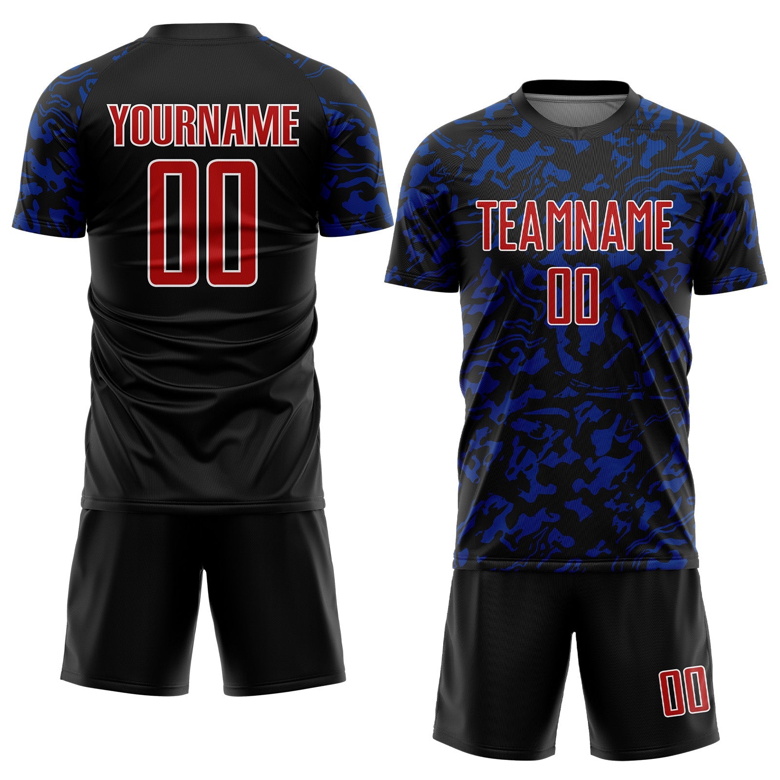 Custom Black Red Royal-White Liquid Fluid Pattern Sports Sublimation Soccer Uniform Jersey