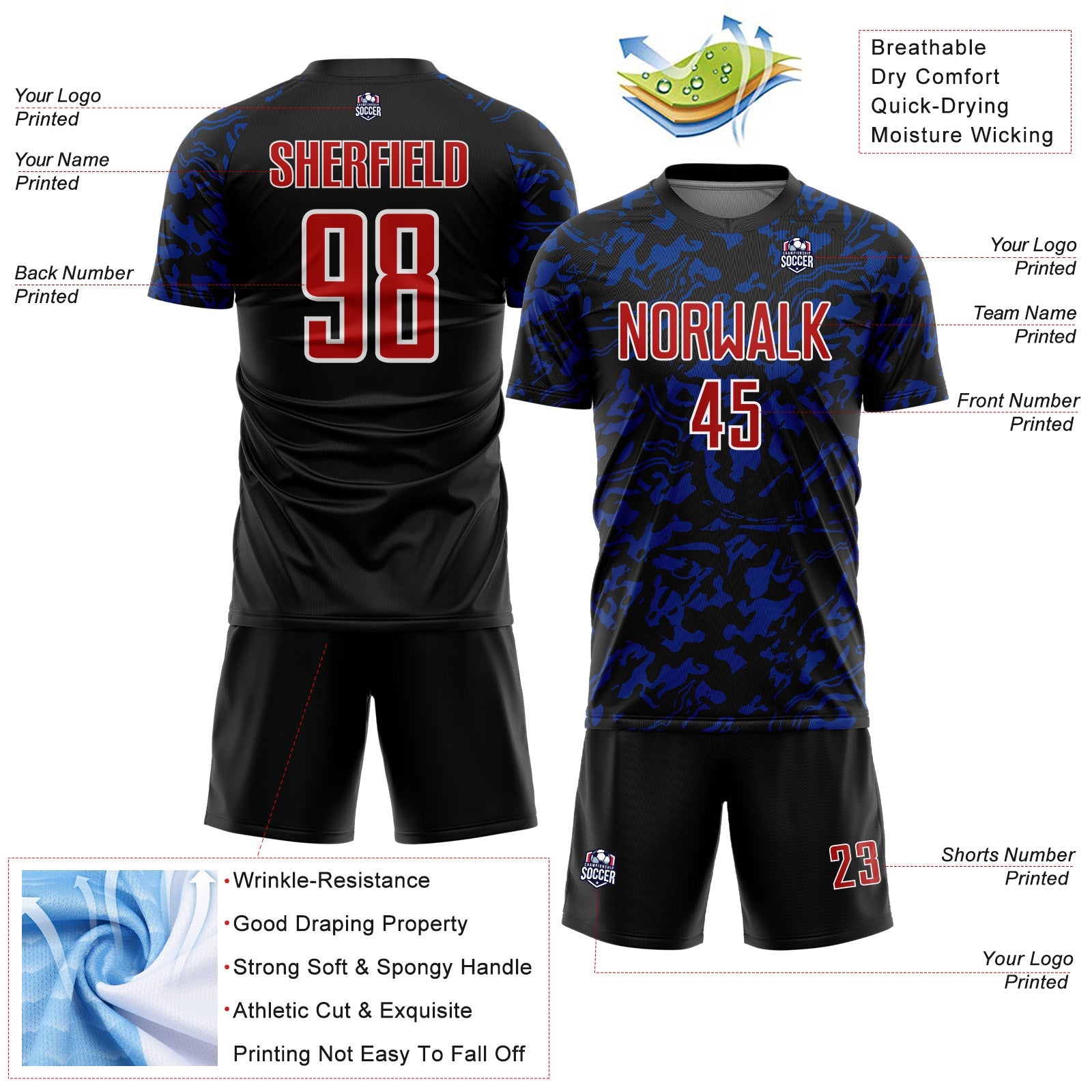 Custom Black Red Royal-White Liquid Fluid Pattern Sports Sublimation Soccer Uniform Jersey