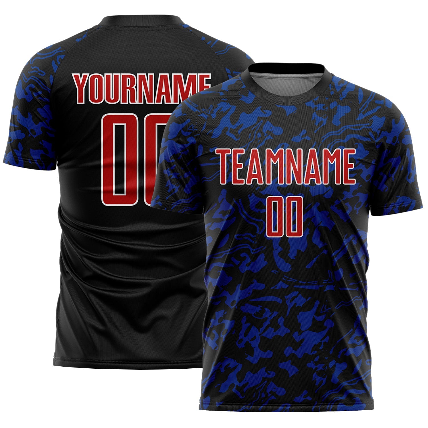 Custom Black Red Royal-White Liquid Fluid Pattern Sports Sublimation Soccer Uniform Jersey