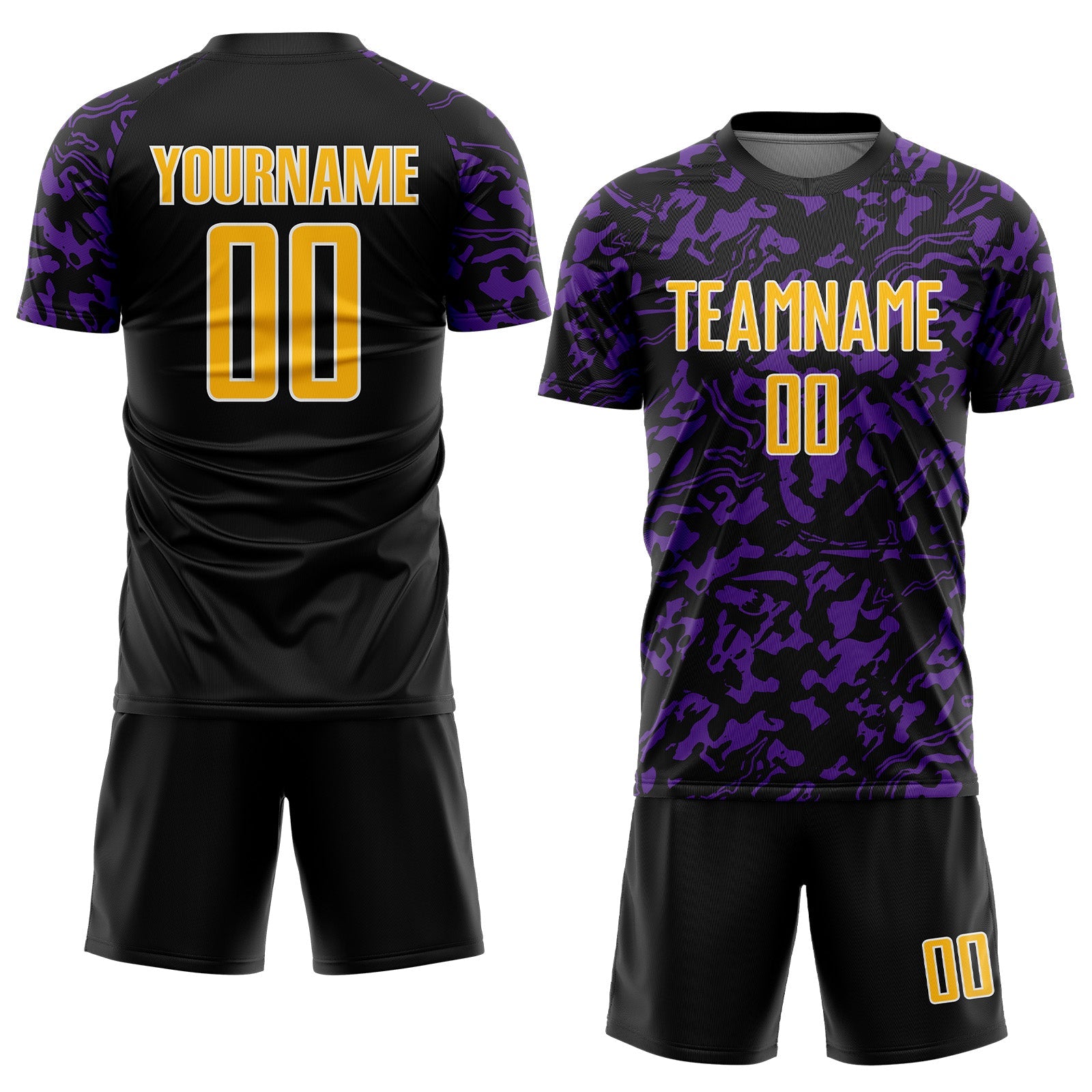 Custom Black Gold Purple-White Liquid Fluid Pattern Sports Sublimation Soccer Uniform Jersey