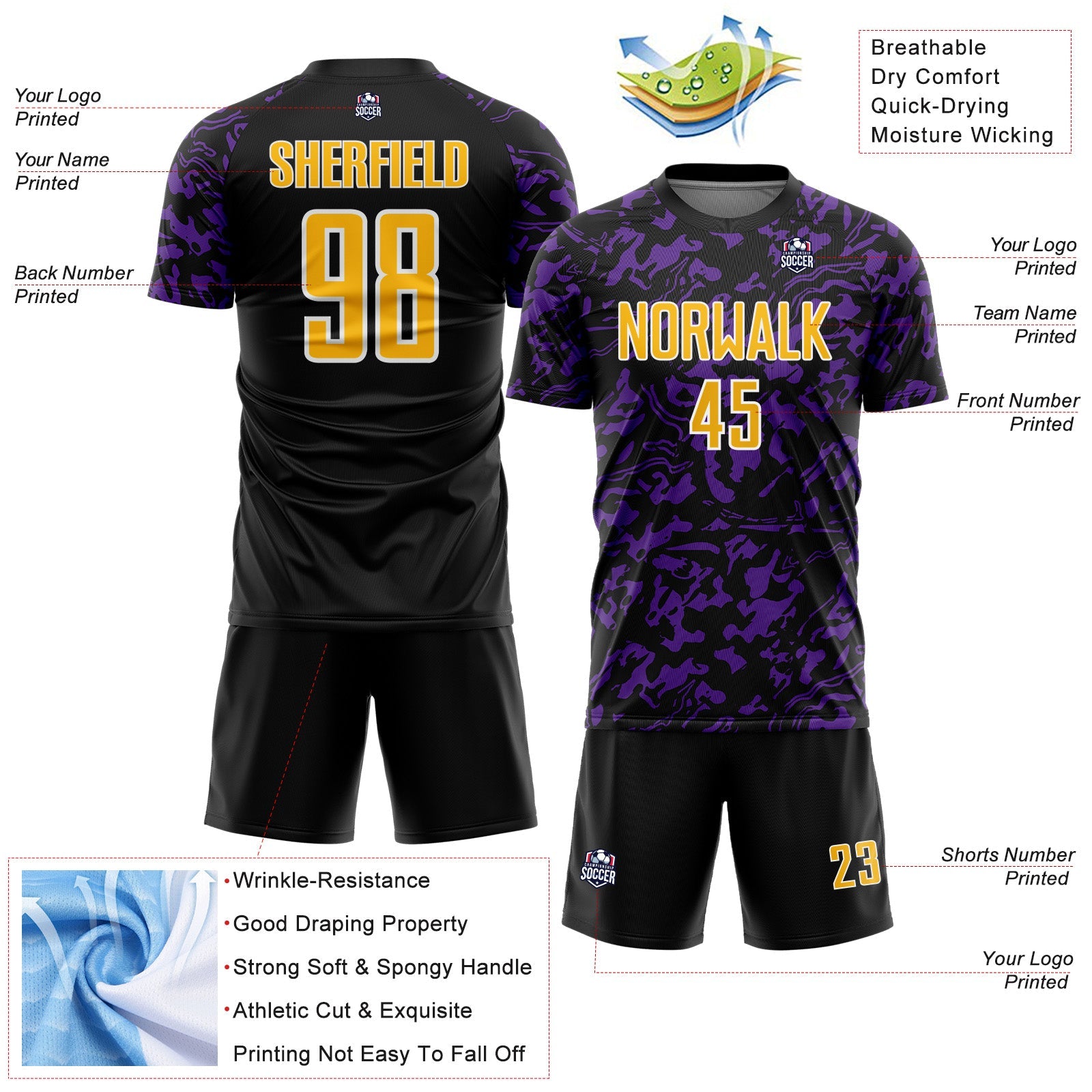 Custom Black Gold Purple-White Liquid Fluid Pattern Sports Sublimation Soccer Uniform Jersey