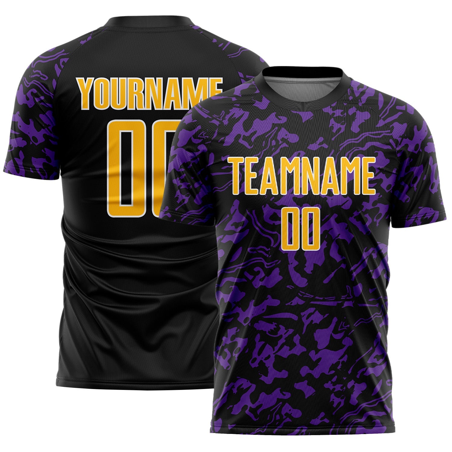 Custom Black Gold Purple-White Liquid Fluid Pattern Sports Sublimation Soccer Uniform Jersey
