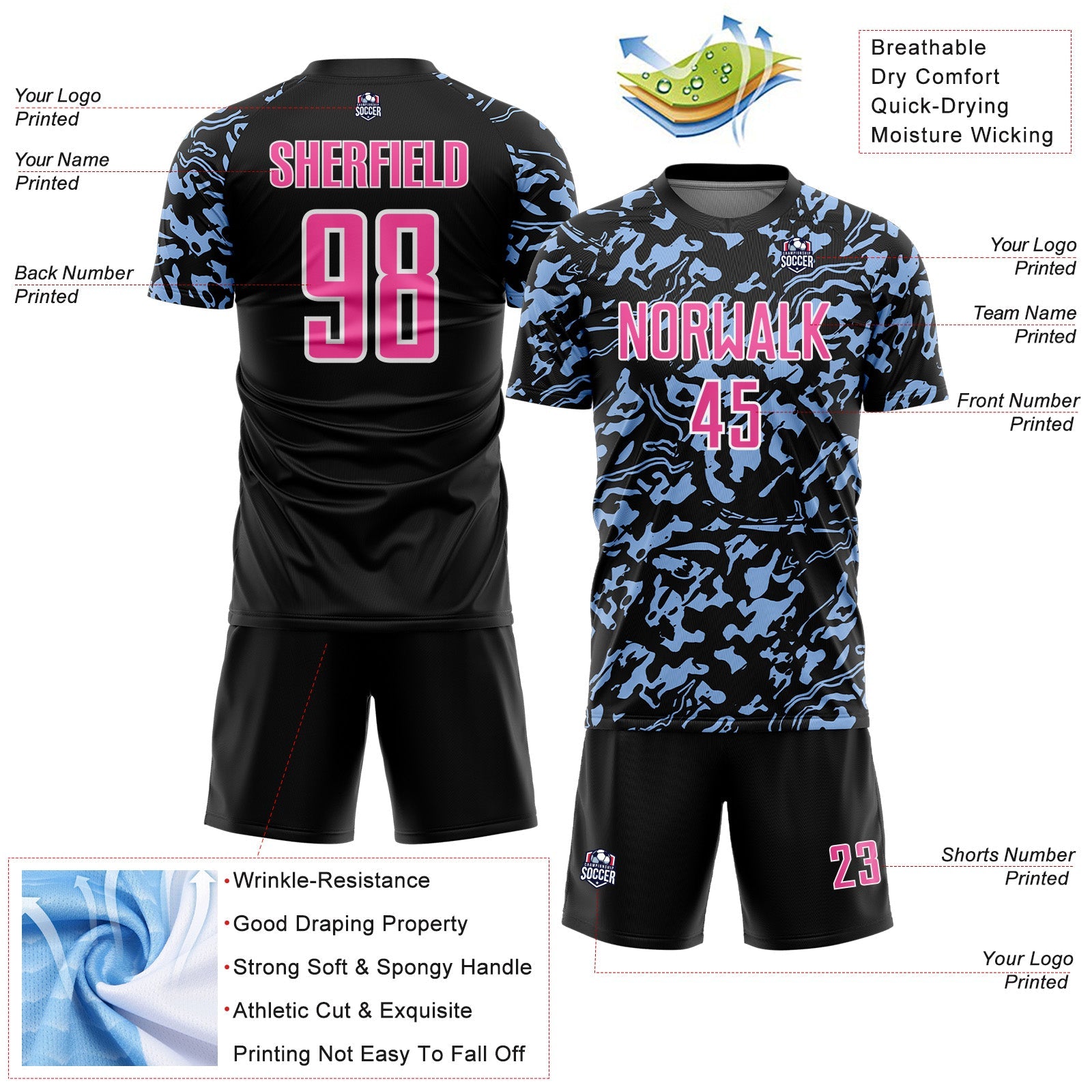 Custom Black Pink Light Blue-White Liquid Fluid Pattern Sports Sublimation Soccer Uniform Jersey