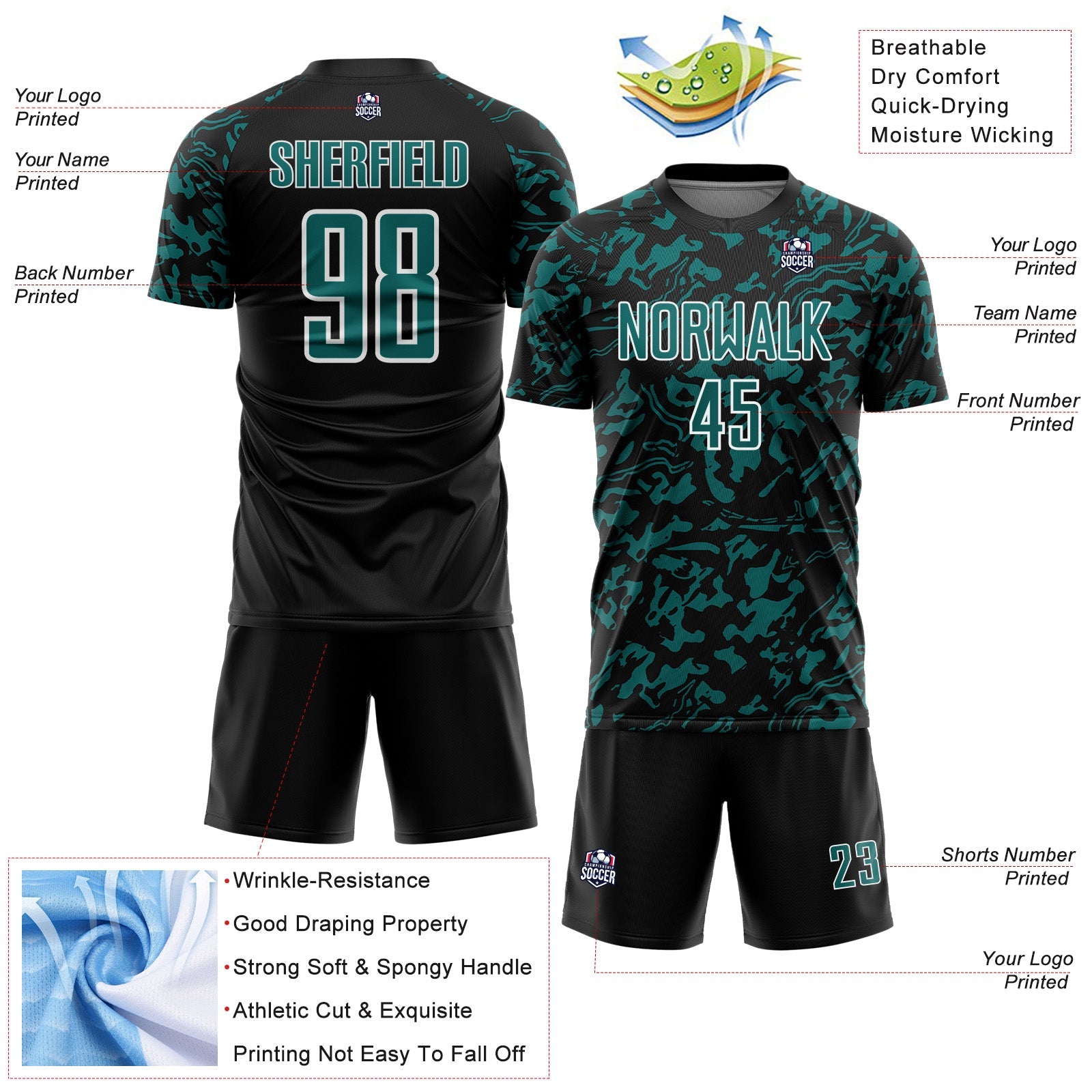 Custom Black Teal-White Liquid Fluid Pattern Sports Sublimation Soccer Uniform Jersey