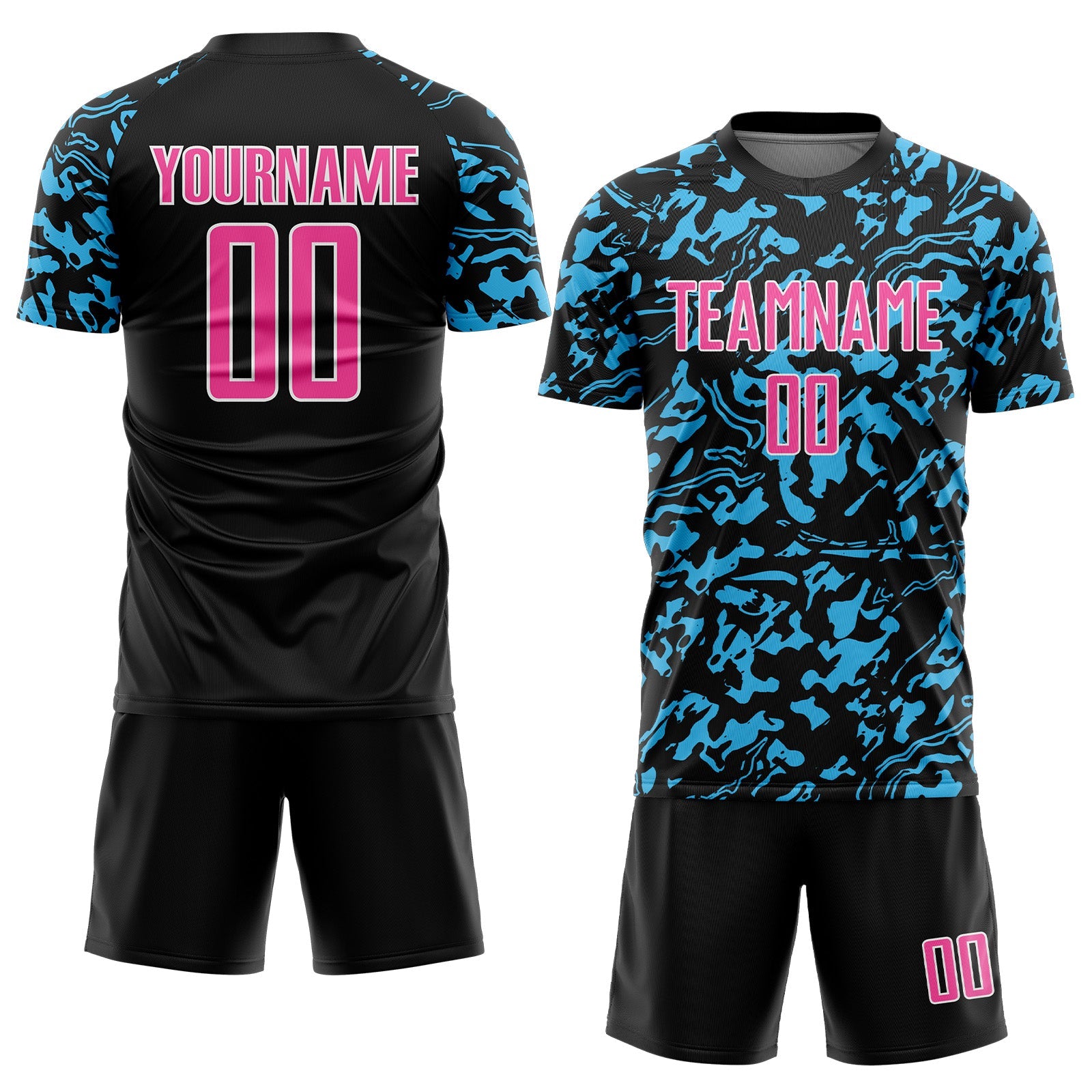 Custom Black Pink Sky Blue-White Liquid Fluid Pattern Sports Sublimation Soccer Uniform Jersey