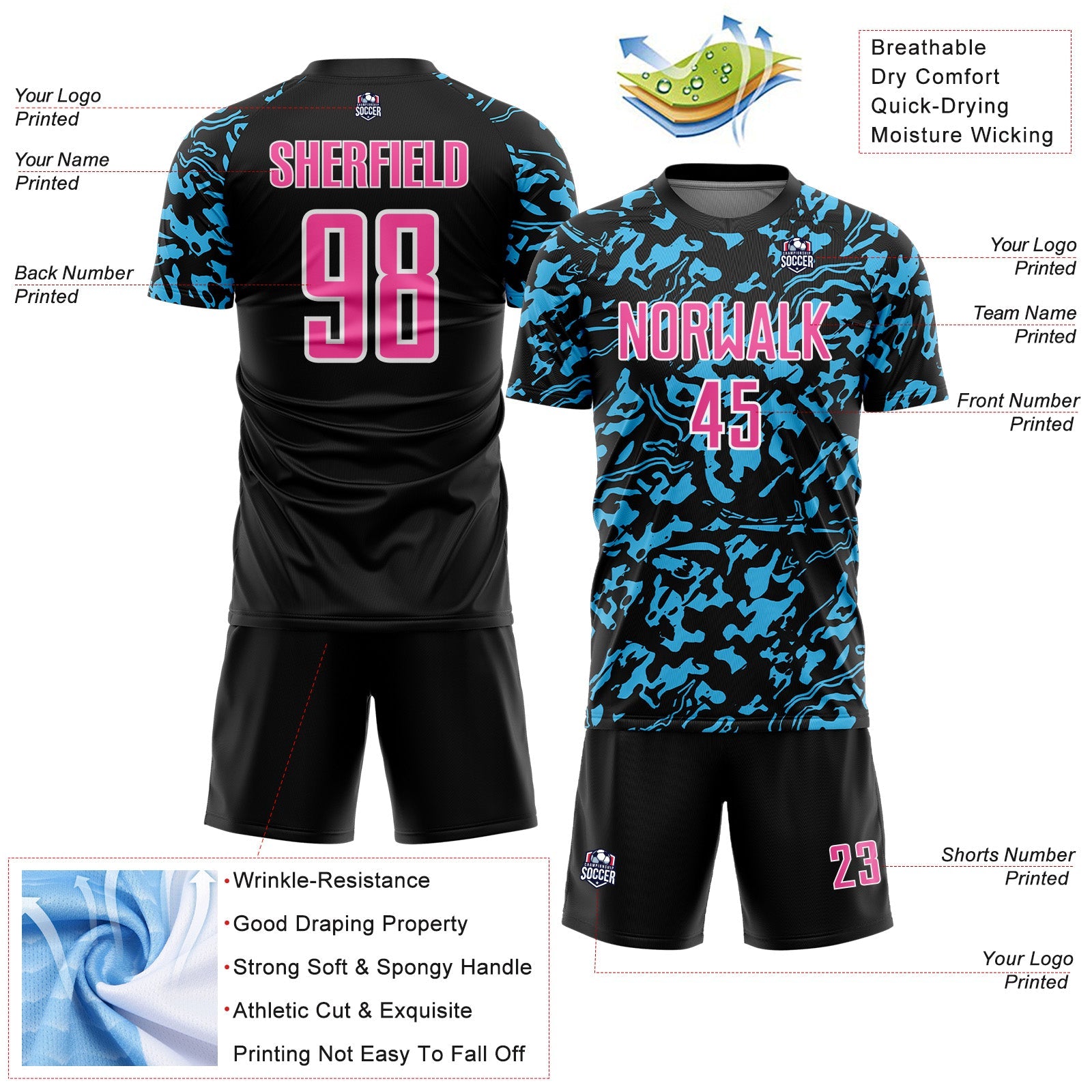 Custom Black Pink Sky Blue-White Liquid Fluid Pattern Sports Sublimation Soccer Uniform Jersey