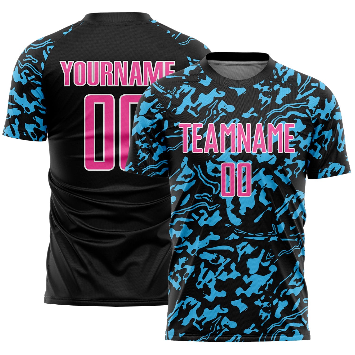 Custom Black Pink Sky Blue-White Liquid Fluid Pattern Sports Sublimation Soccer Uniform Jersey