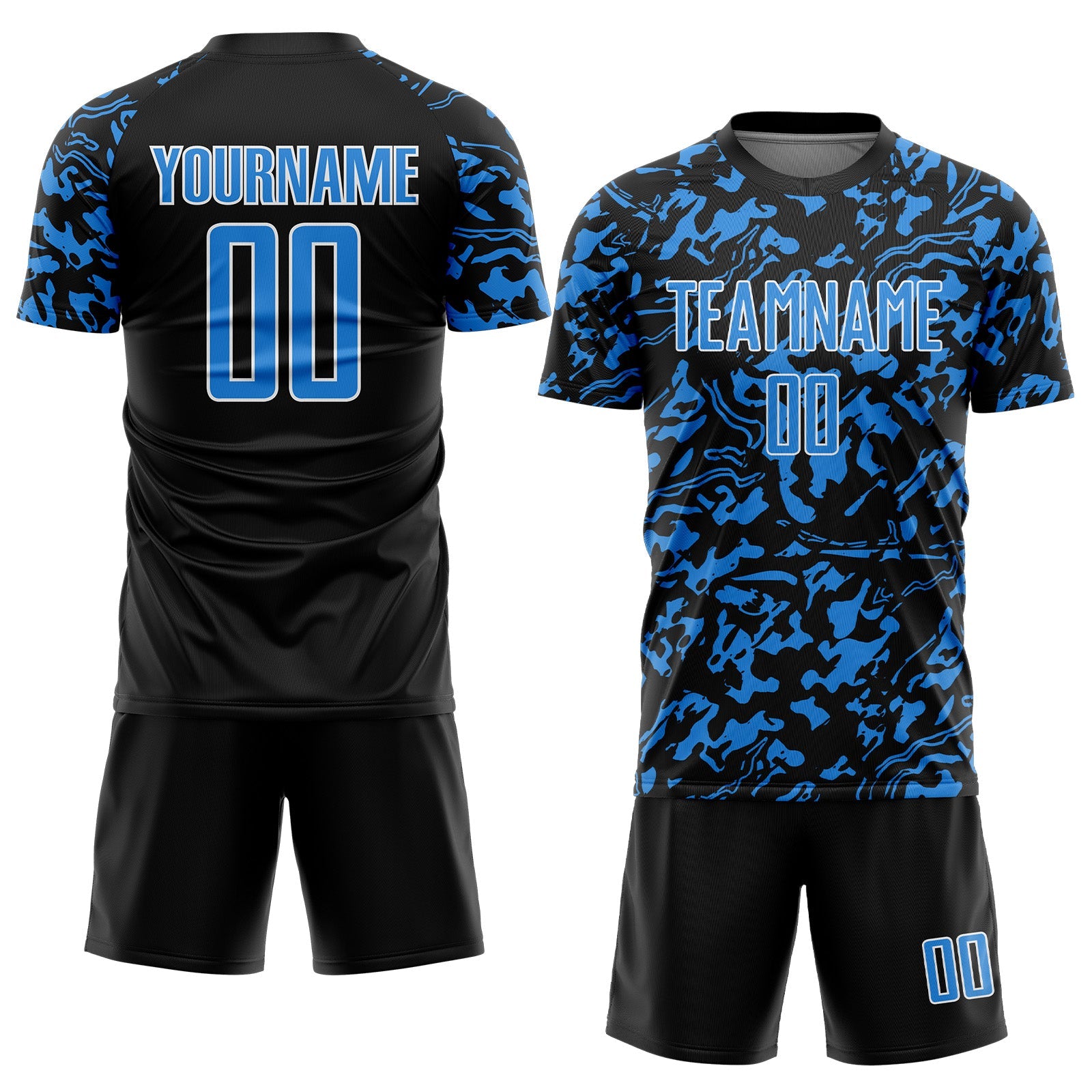 Custom Black Powder Blue-White Liquid Fluid Pattern Sports Sublimation Soccer Uniform Jersey