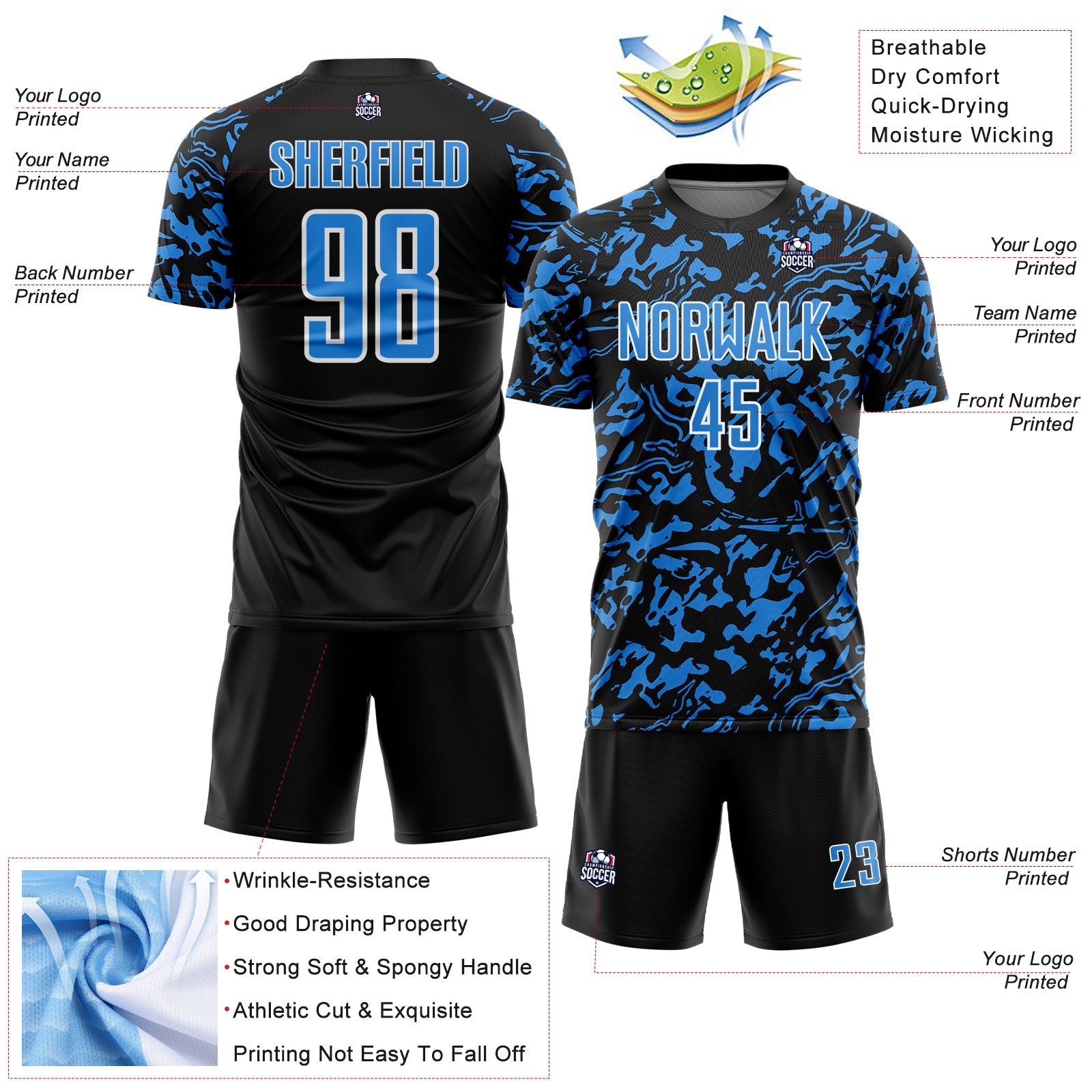 Custom Black Powder Blue-White Liquid Fluid Pattern Sports Sublimation Soccer Uniform Jersey