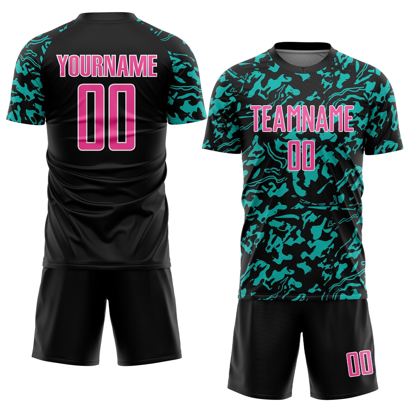Custom Black Pink Aqua-White Liquid Fluid Pattern Sports Sublimation Soccer Uniform Jersey