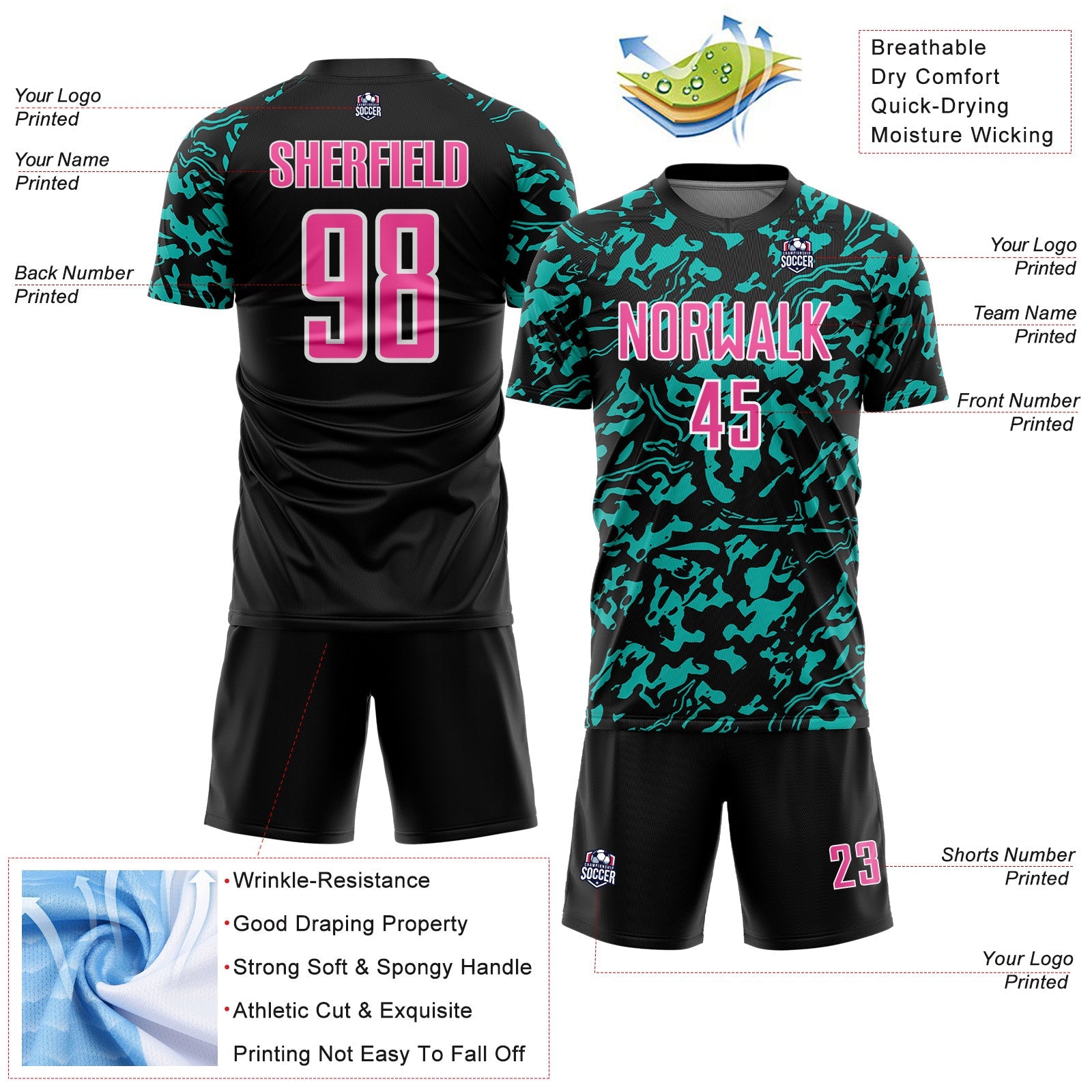 Custom Black Pink Aqua-White Liquid Fluid Pattern Sports Sublimation Soccer Uniform Jersey
