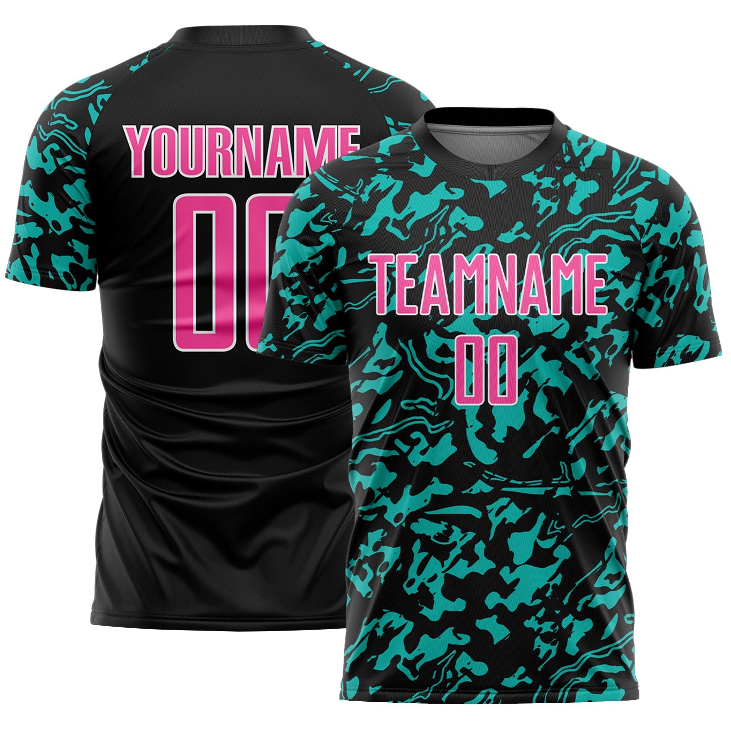 Custom Black Pink Aqua-White Liquid Fluid Pattern Sports Sublimation Soccer Uniform Jersey