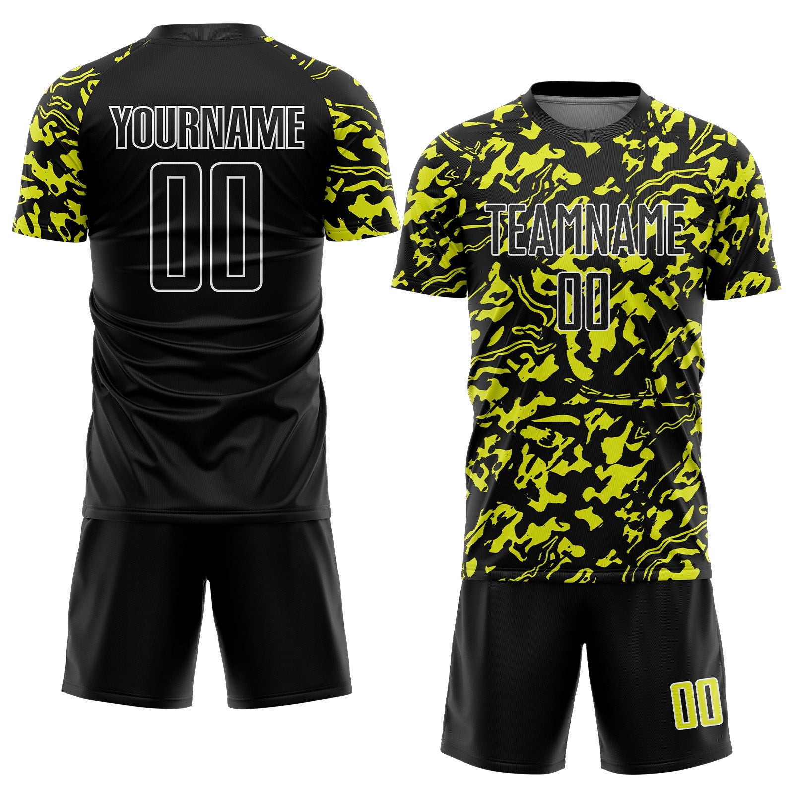 Custom Black Neon Yellow-White Liquid Fluid Pattern Sports Sublimation Soccer Uniform Jersey