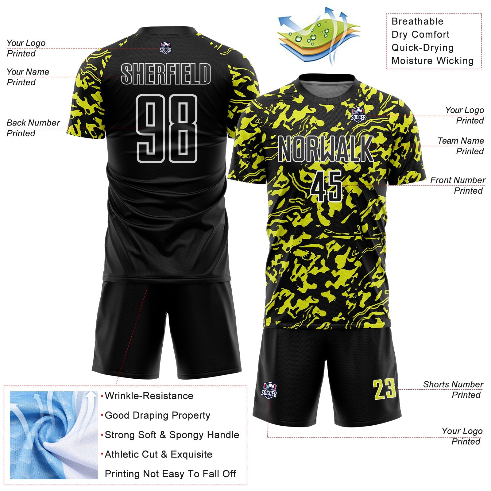 Custom Black Neon Yellow-White Liquid Fluid Pattern Sports Sublimation Soccer Uniform Jersey