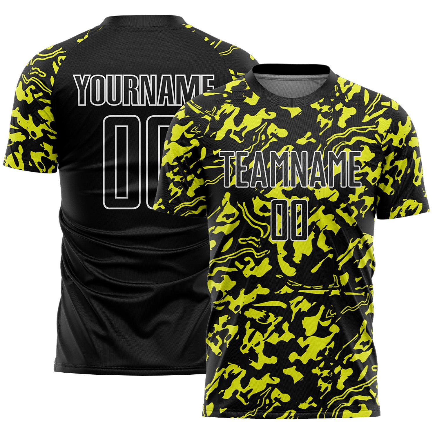 Custom Black Neon Yellow-White Liquid Fluid Pattern Sports Sublimation Soccer Uniform Jersey