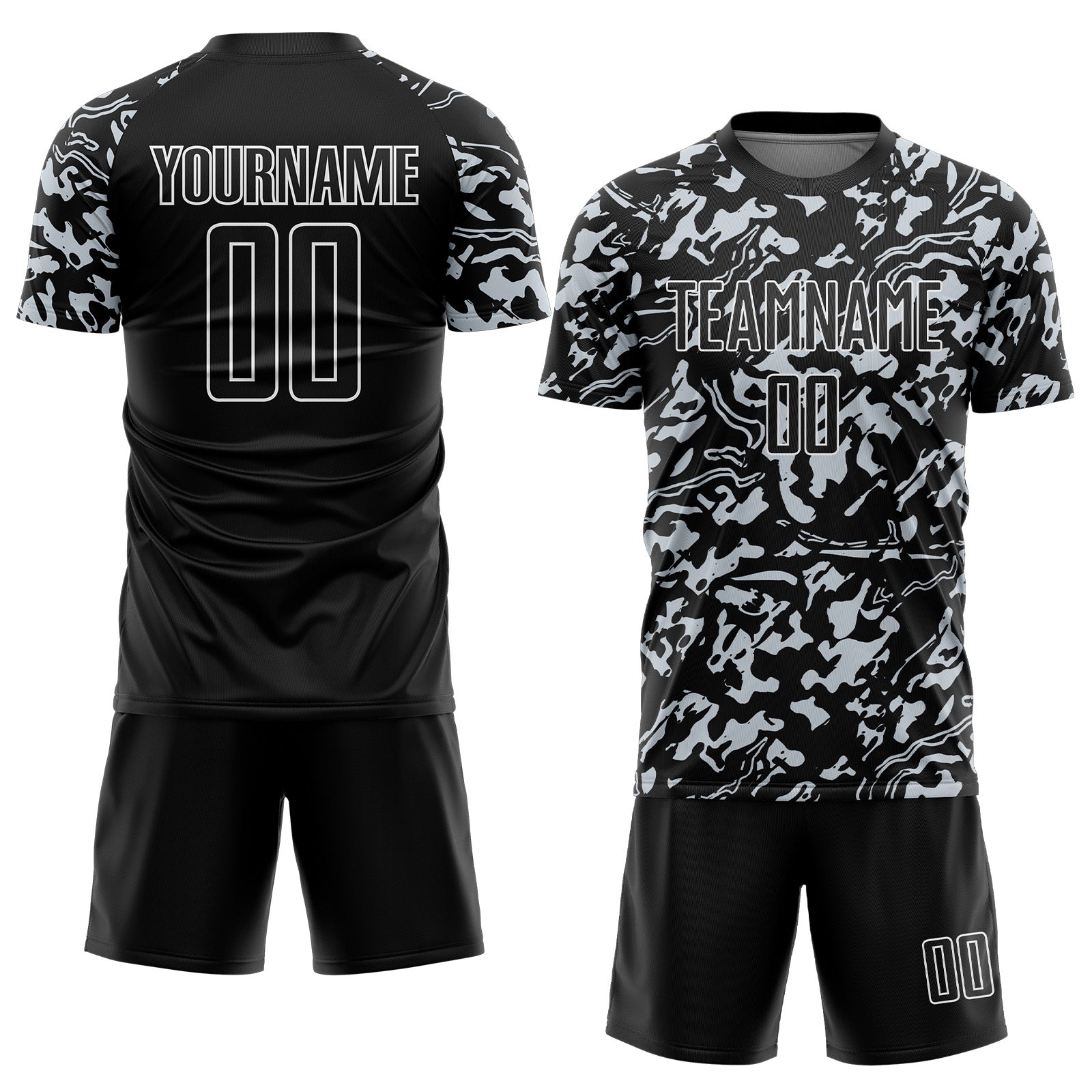 Custom Black Silver-White Liquid Fluid Pattern Sports Sublimation Soccer Uniform Jersey