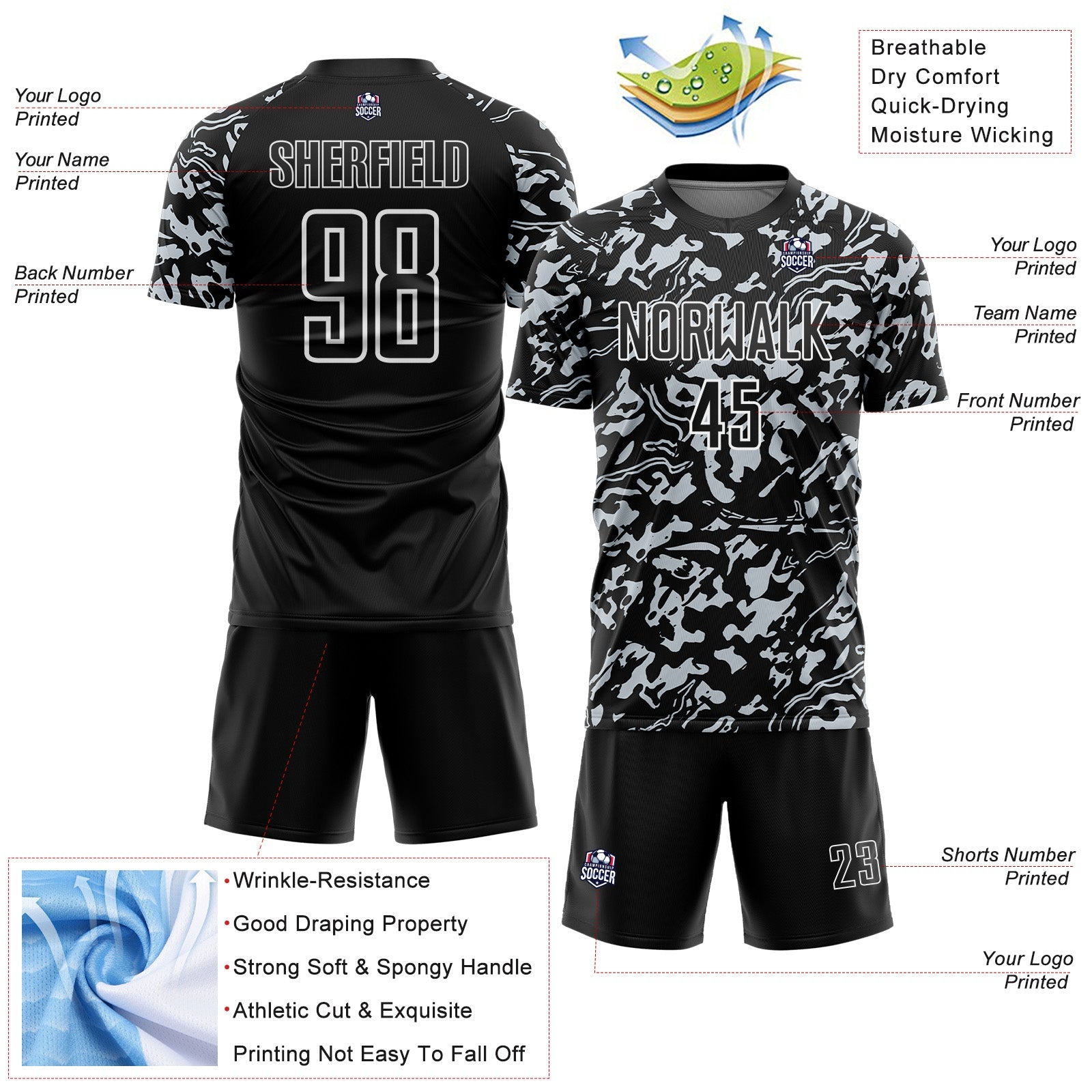 Custom Black Silver-White Liquid Fluid Pattern Sports Sublimation Soccer Uniform Jersey